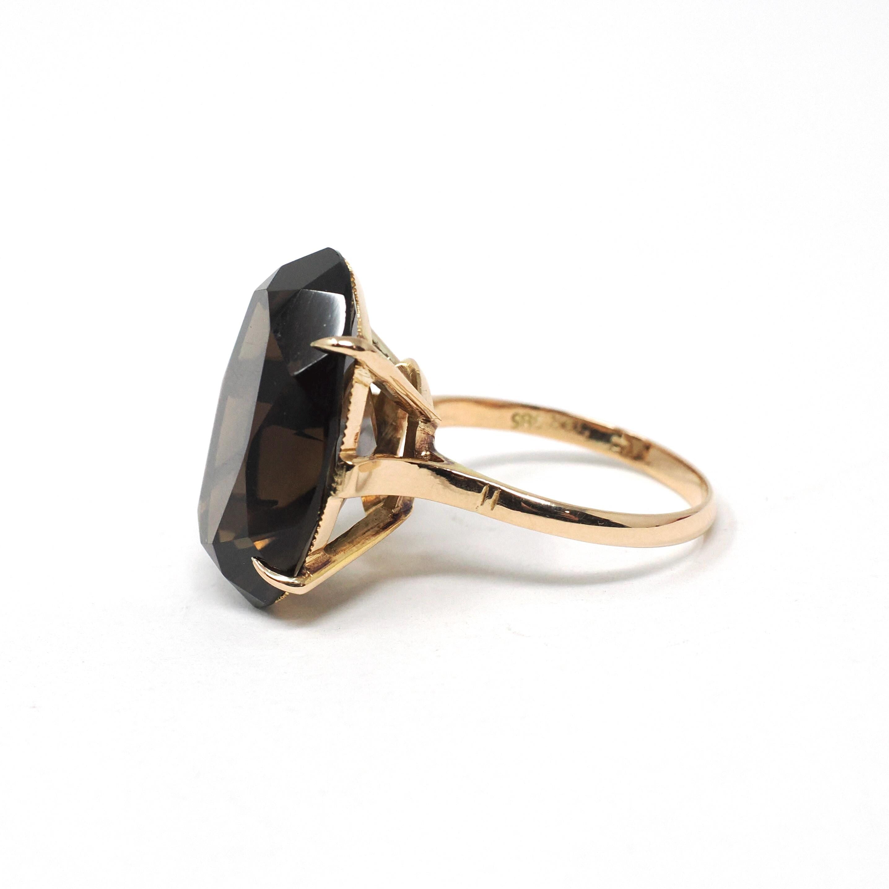 Smoky Quartz Ring - Retro 14k Yellow Gold Oval Faceted 12.15 CT Dark Brown Gemstone - Vintage Circa 1970s Era Size 7 Statement Fine Jewelry