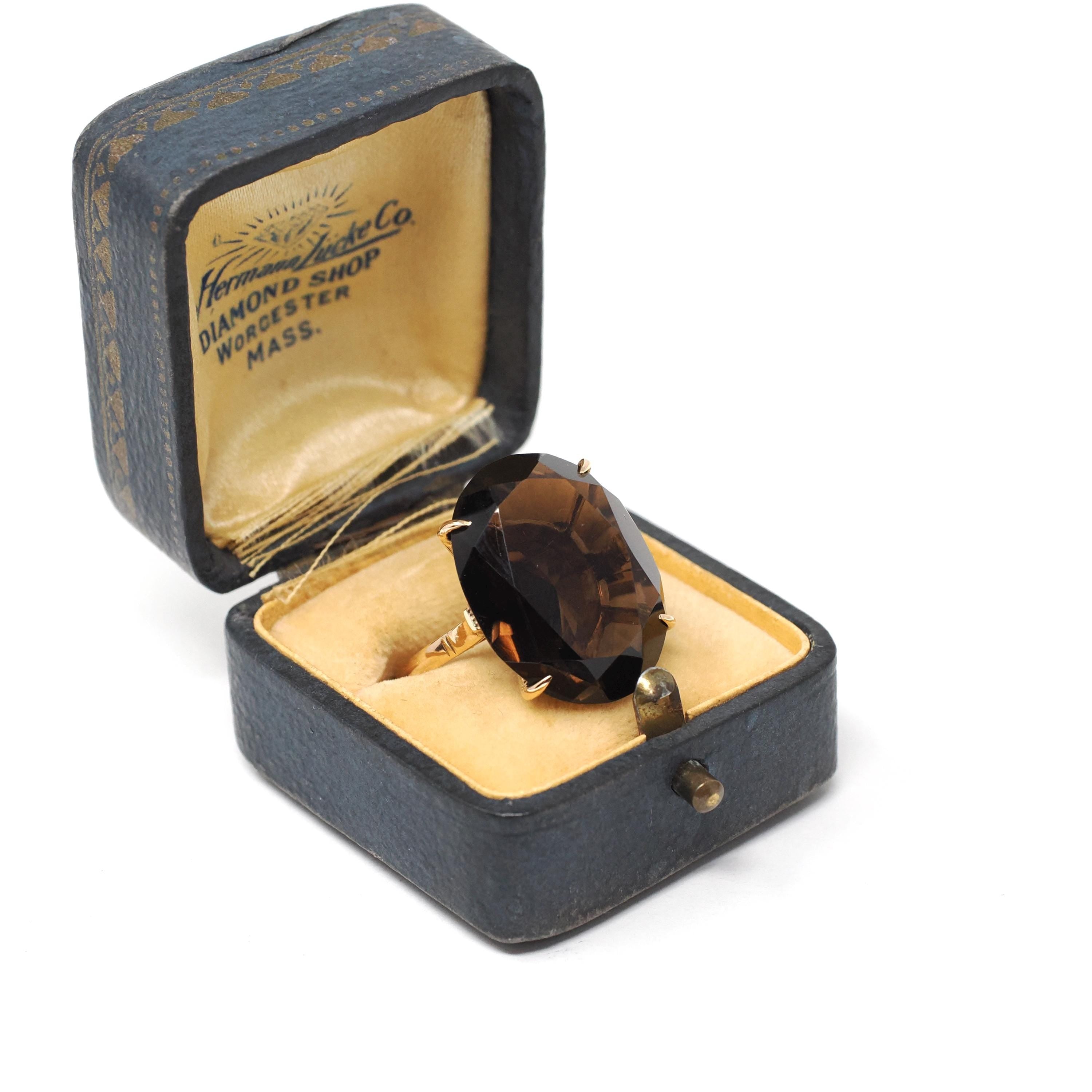 Smoky Quartz Ring - Retro 14k Yellow Gold Oval Faceted 12.15 CT Dark Brown Gemstone - Vintage Circa 1970s Era Size 7 Statement Fine Jewelry