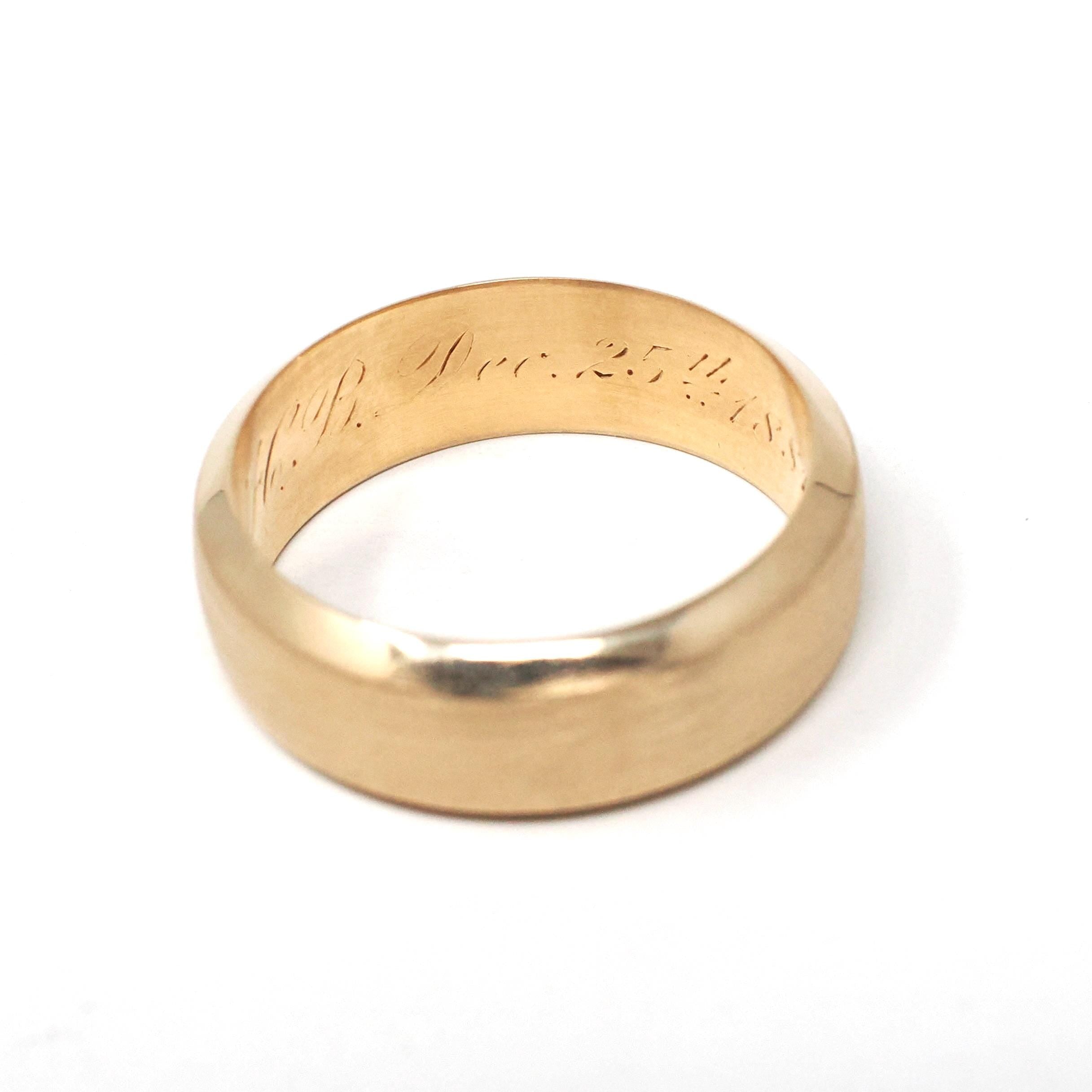 Victorian Wedding Band - Antique 14k Yellow Gold Brushed Satin Finish Unisex Ring - Circa Dated Christmas Day 1881 Size 8 1/2 Fine Jewelry