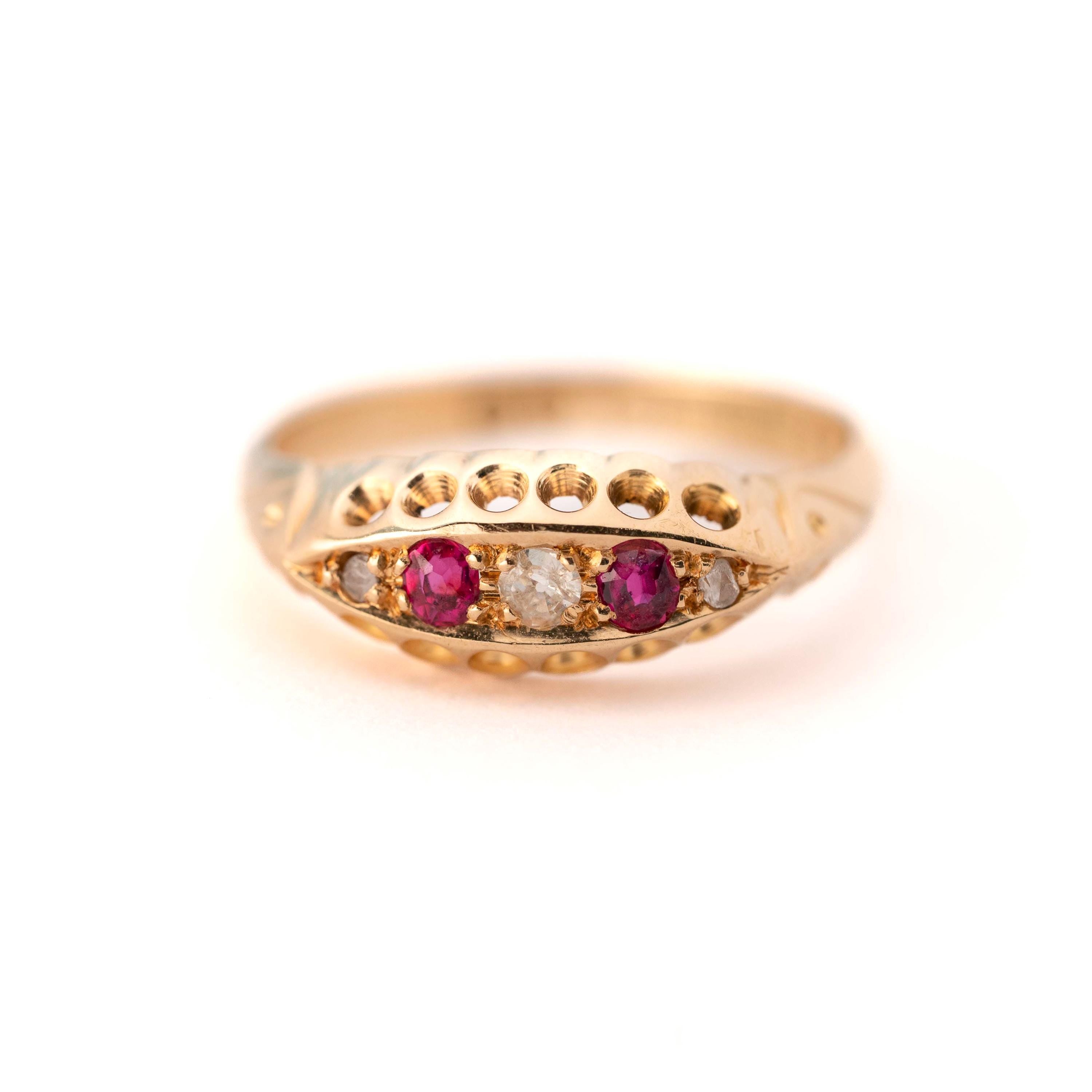 Antique Ruby & Diamond Ring - Edwardian 18k Yellow Gold Natural Red Gemstone Anniversary Band - Hallmarked 1919 Size 6 Fine English Jewelry