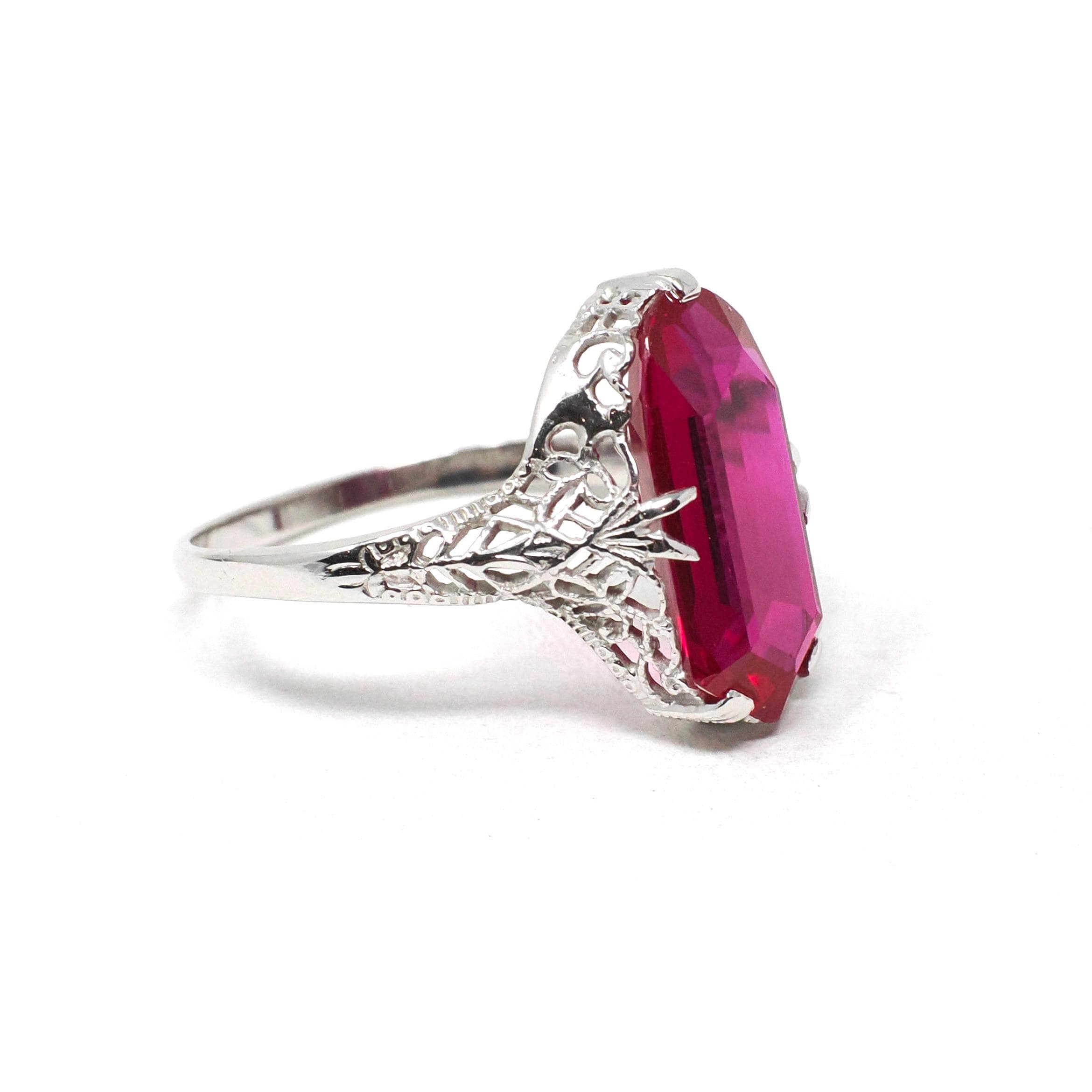 Created Ruby Ring - Art Deco 14k White Gold Fancy Cut Red Stone - Vintage Circa 1930s Era Size 8 1/4 July Birthstone Fine Filigree Jewelry