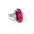 Created Ruby Ring - Art Deco 14k White Gold Fancy Cut Red Stone - Vintage Circa 1930s Era Size 8 1/4 July Birthstone Fine Filigree Jewelry