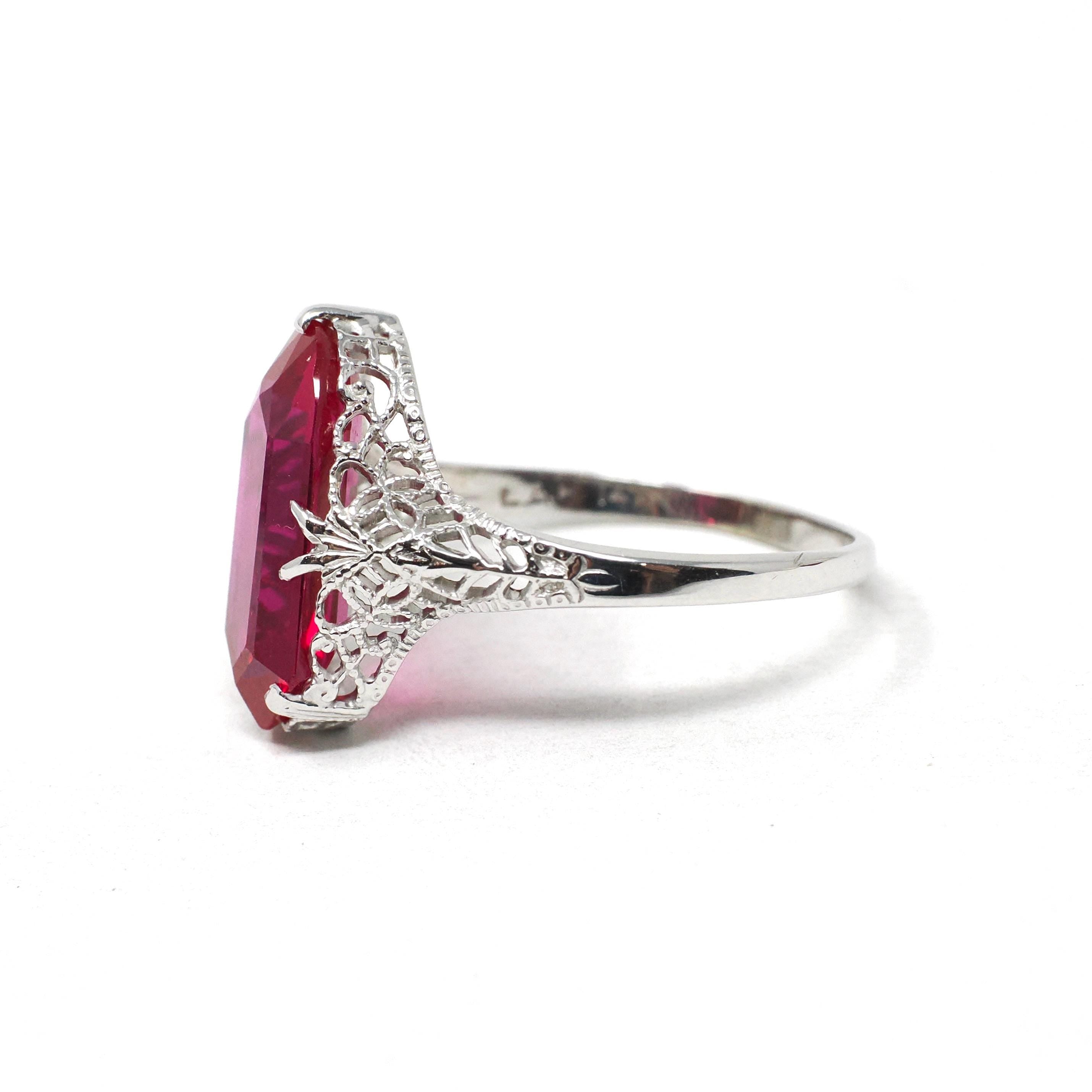 Created Ruby Ring - Art Deco 14k White Gold Fancy Cut Red Stone - Vintage Circa 1930s Era Size 8 1/4 July Birthstone Fine Filigree Jewelry
