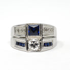 Mid Century Ring - Vintage 18k White Gold Diamond & Created Sapphire Toi Et Moi Style - Circa 1950s Size 8 3/4 Unisex Fine Statement Jewelry