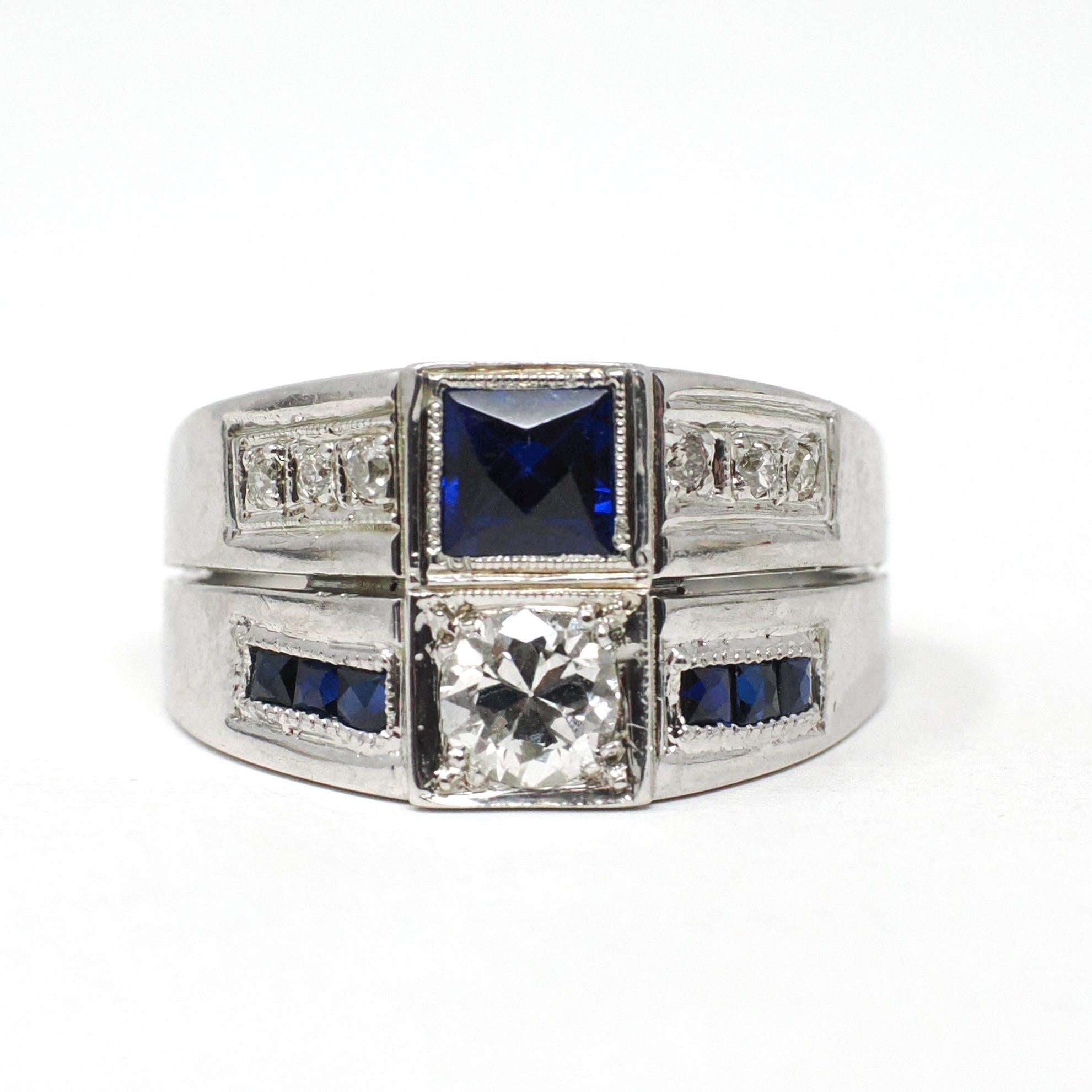 Mid Century Ring - Vintage 18k White Gold Diamond & Created Sapphire Toi Et Moi Style - Circa 1950s Size 8 3/4 Unisex Fine Statement Jewelry