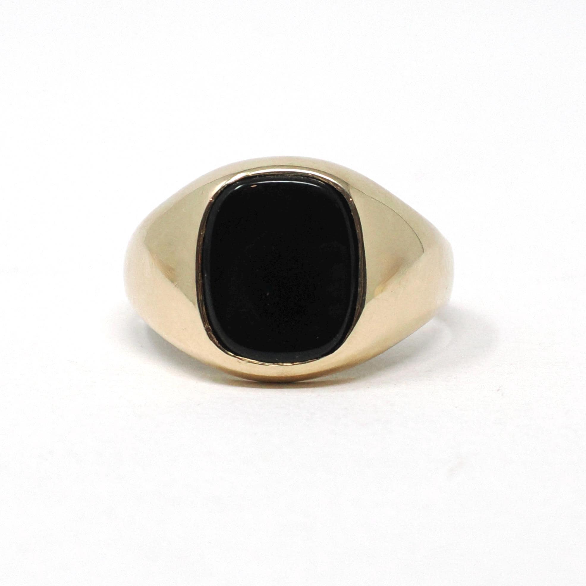 Modern Onyx Ring - Estate 10k Yellow Gold Black Chalcedony Gemstone - Circa 2000's Era Size 9 1/4 Men's Unisex Fine Statement Jewelry