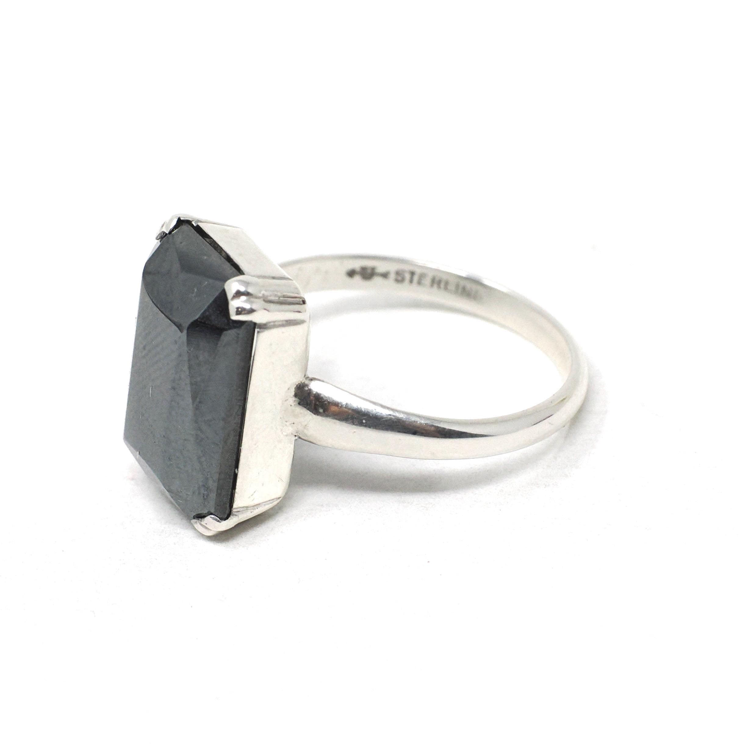 Vintage Hematite Ring - Retro Sterling Silver Emerald Cut Gray Metallic Solitaire - Circa 1970s Size 7 Statement Jewelry Fashion Accessory