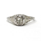 Vintage Diamond Ring - Art Deco 18k White Gold Natural .22 CT Solitaire Engagement - Circa 1930s Size 4 3/4 Octagonal Filigree Fine Jewelry
