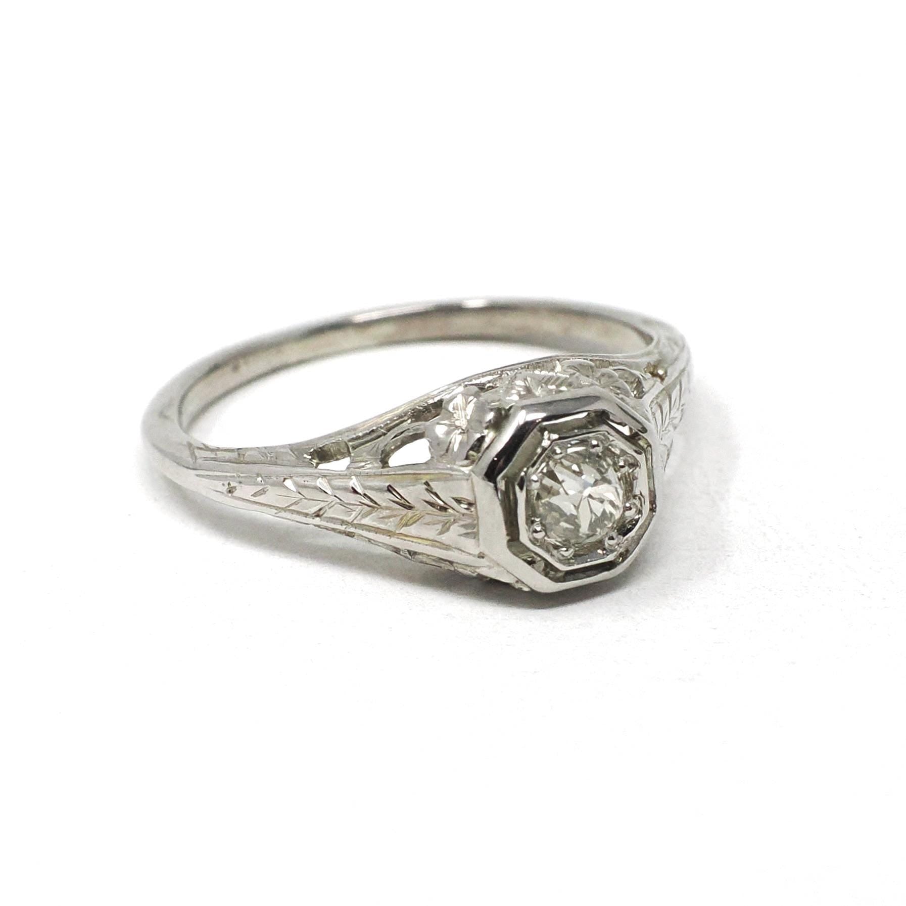 Vintage Diamond Ring - Art Deco 18k White Gold Natural .22 CT Solitaire Engagement - Circa 1930s Size 4 3/4 Octagonal Filigree Fine Jewelry