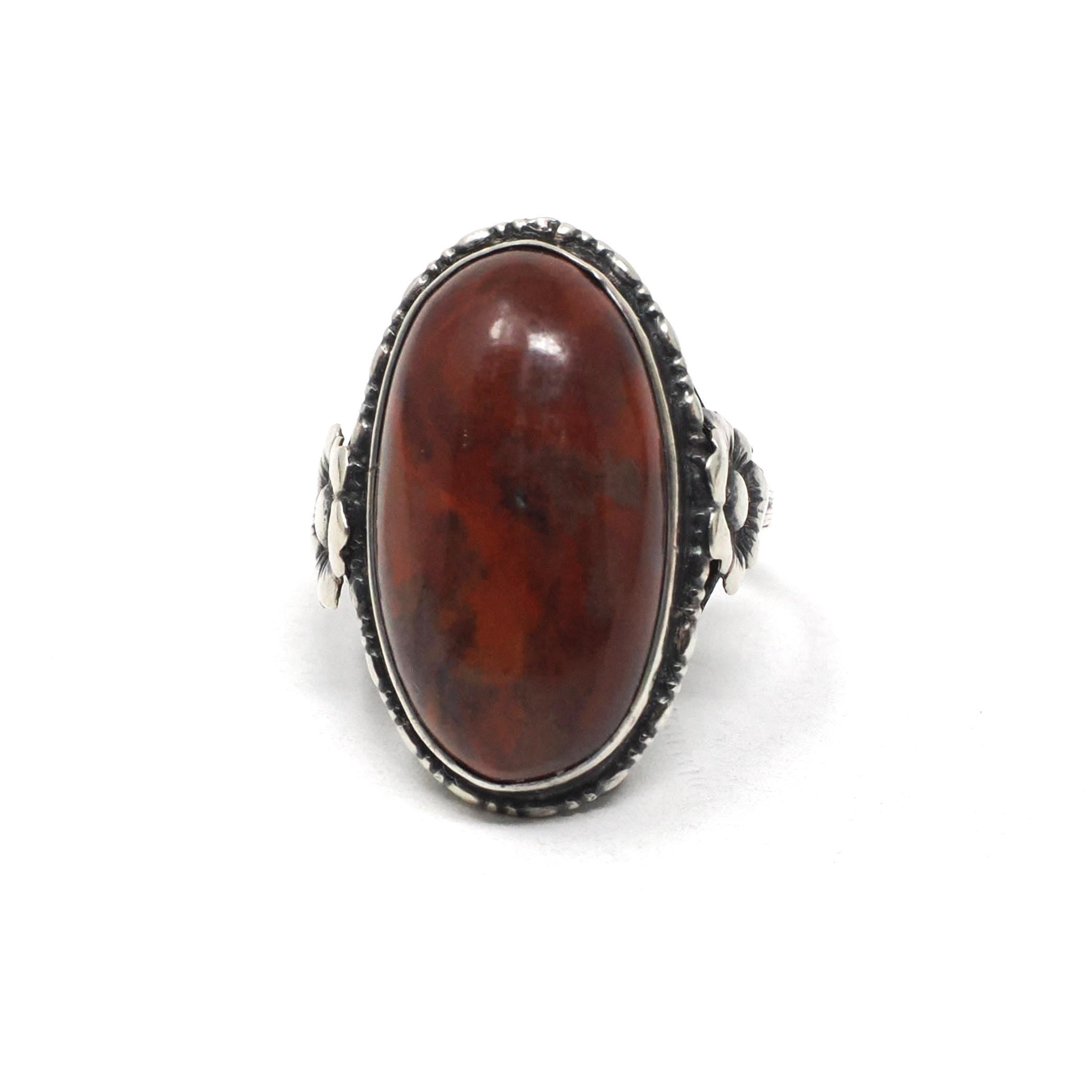 Vintage Jasper Ring - Retro Sterling Silver Cabochon Cut Red Brown Gemstone - Circa 1970s Era Size 5 1/4 Floral Flower Statement 70s Jewelry