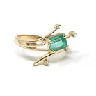 Emerald & Diamond Ring - Estate 14k Yellow Gold Natural Green Gemstone - Modern 2000's Era Size 6 1/4 May Birthstone Branch Bypass Jewelry