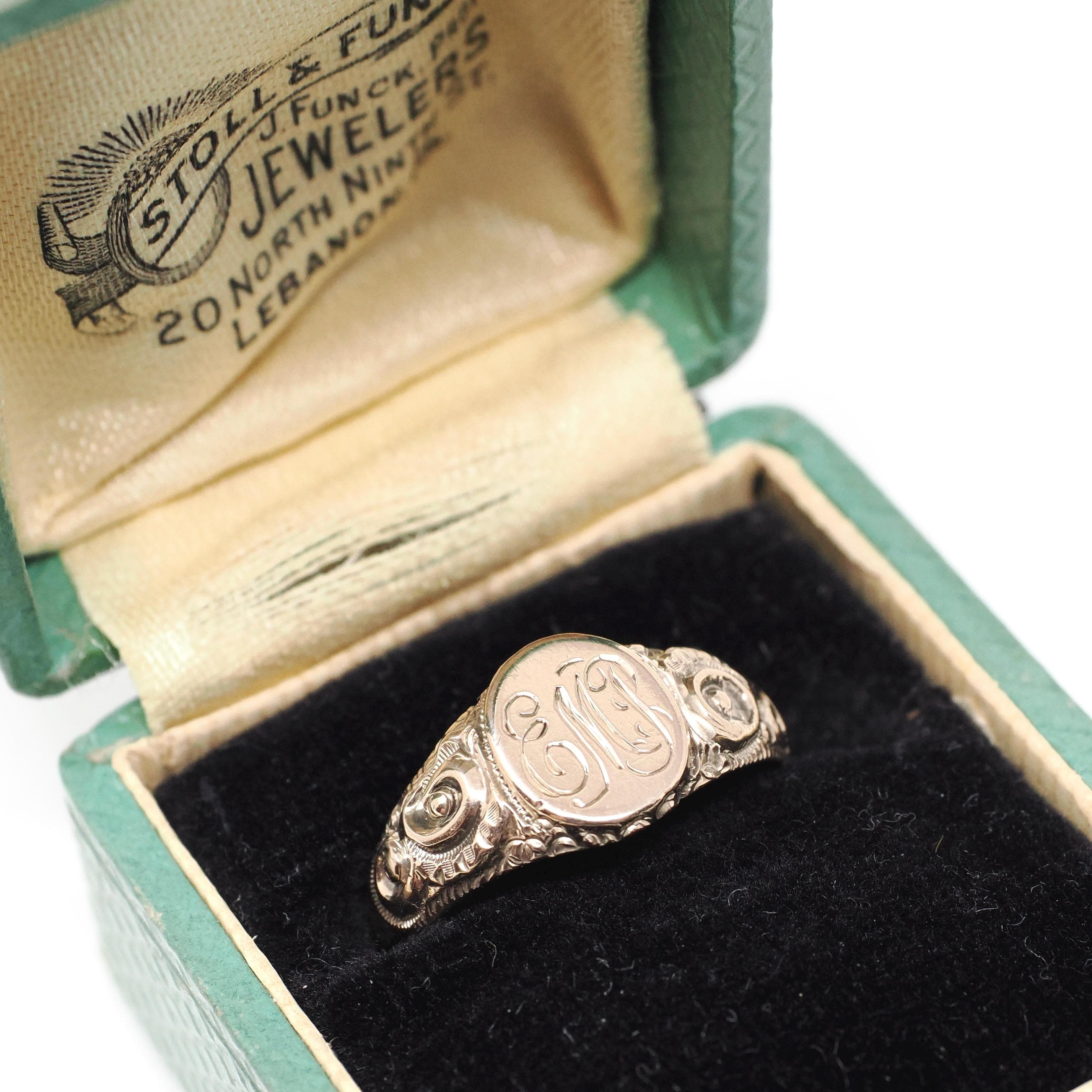 Edwardian Signet Ring - Antique 10k Yellow Gold Oval EMP Engraved Letters Monogram Initials - Vintage 1910s Size 5 3/4 Fine Scroll Jewelry