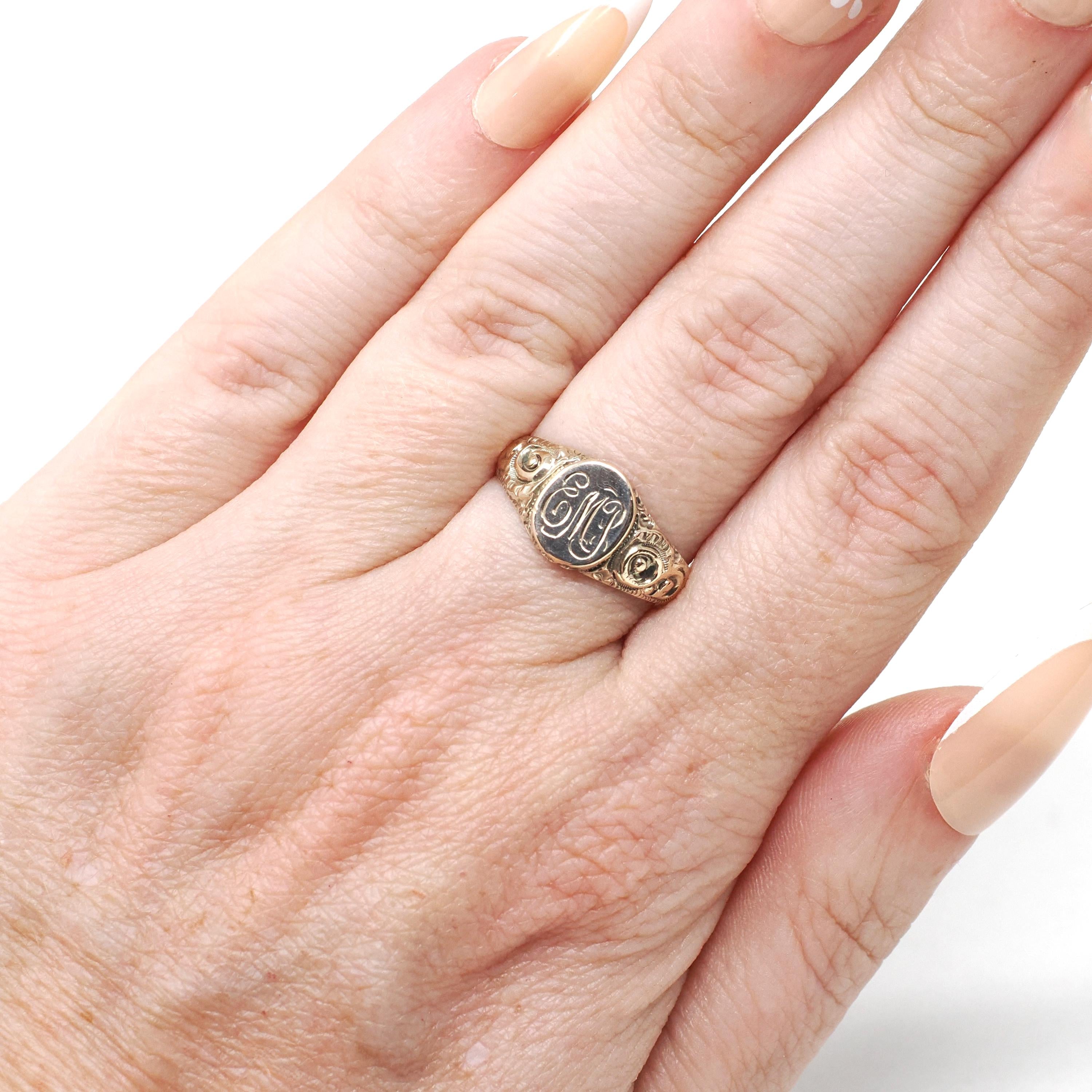 Edwardian Signet Ring - Antique 10k Yellow Gold Oval EMP Engraved Letters Monogram Initials - Vintage 1910s Size 5 3/4 Fine Scroll Jewelry