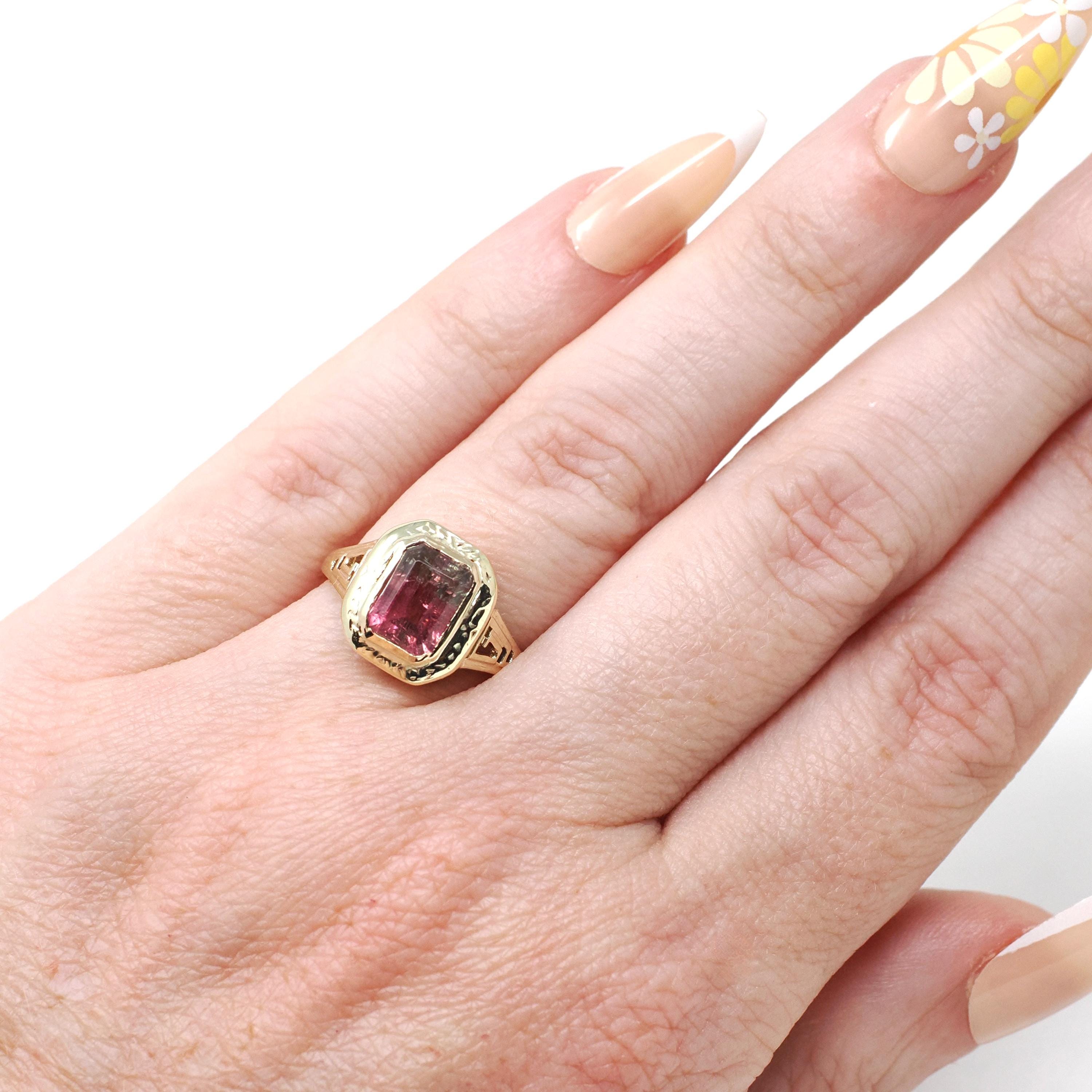 Watermelon Tourmaline Ring - Art Deco 10k Yellow Gold Natural Pink Green BiColor Gem - Circa 1930s Size 4.5 Fine October Birthstone Jewelry