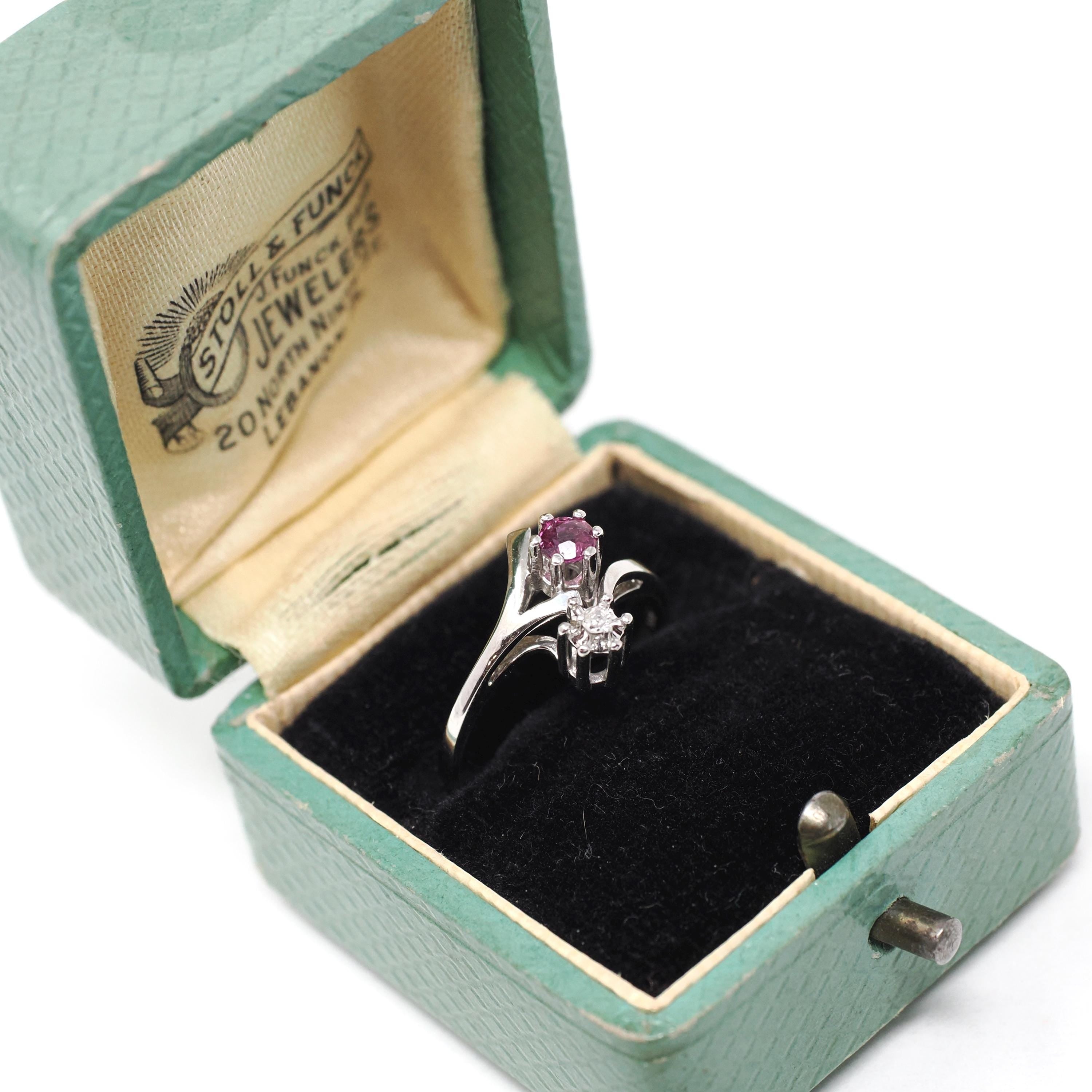 Vintage Ruby & Diamond Ring - Retro 8k White Gold Branch Bypass Toi Et Moi Statement - Circa 1970s Era Size 5 1/2 Fine Birthstone Jewelry