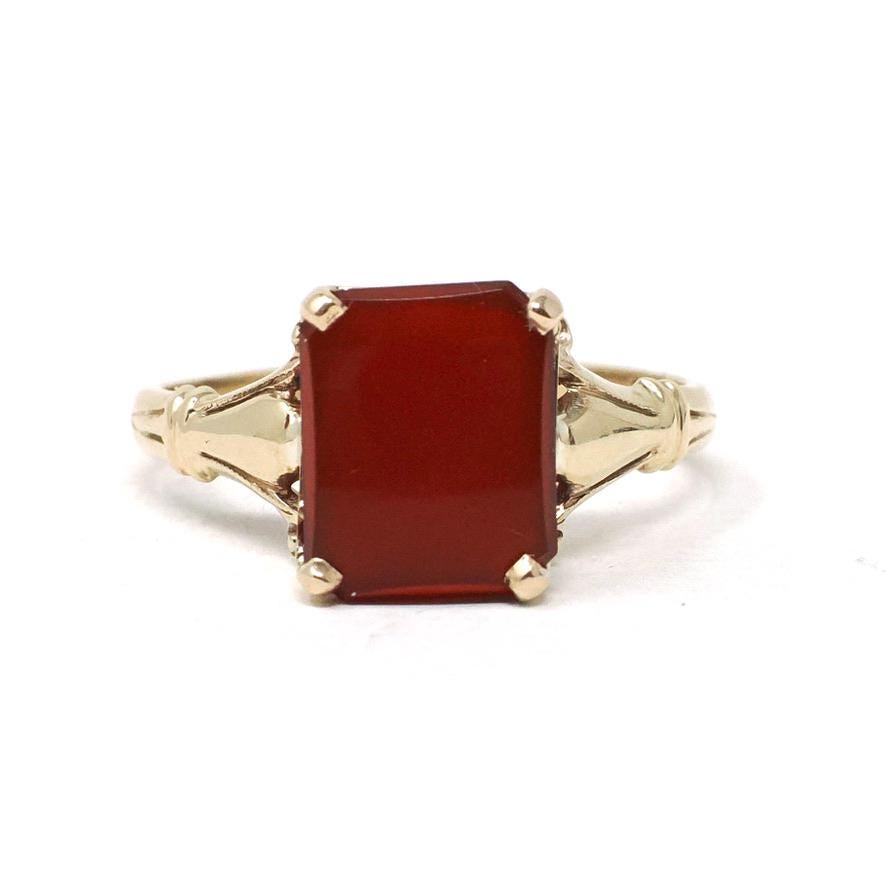 Vintage Carnelian Ring - Mid Century 14k Yellow Gold Natural Red Rectangle Gemstone - Circa 1940s Era Size 7 1/4 Fine Statement Jewelry