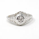 Vintage Diamond Ring - Art Deco 18k White Gold Natural .10 CT Solitaire Engagement - Circa 1930s Size 3 3/4 Hexagonal Filigree Fine Jewelry