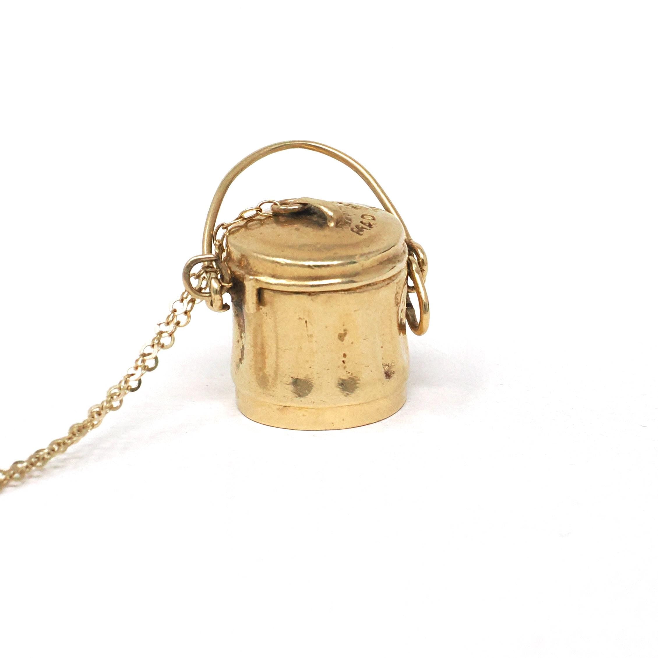 Mad Money Trash Can Charm - Mid Century 14k Yellow Gold Pendant Garbage Necklace - Vintage Circa 1950s Era Real Dollar Bill Fine Jewelry