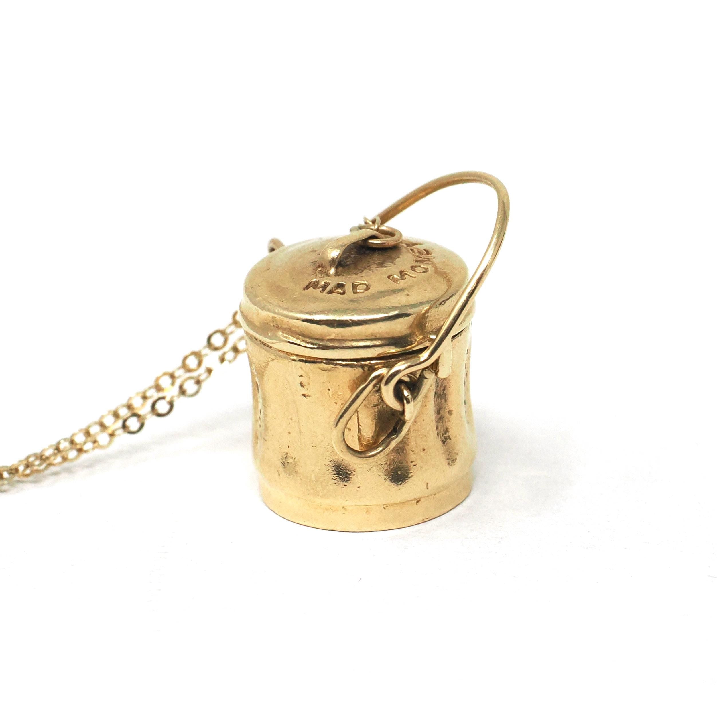 Mad Money Trash Can Charm - Mid Century 14k Yellow Gold Pendant Garbage Necklace - Vintage Circa 1950s Era Real Dollar Bill Fine Jewelry