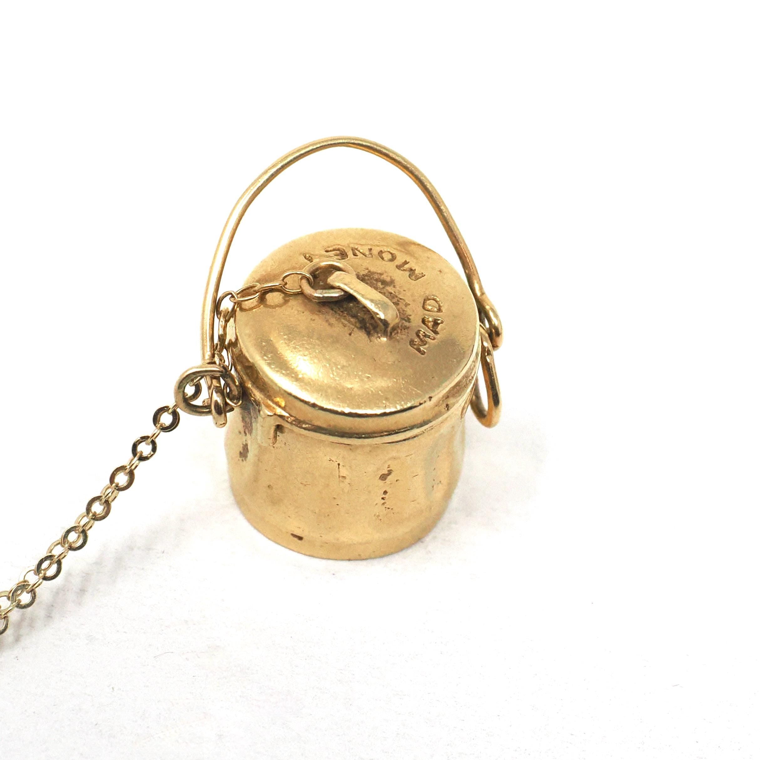 Mad Money Trash Can Charm - Mid Century 14k Yellow Gold Pendant Garbage Necklace - Vintage Circa 1950s Era Real Dollar Bill Fine Jewelry