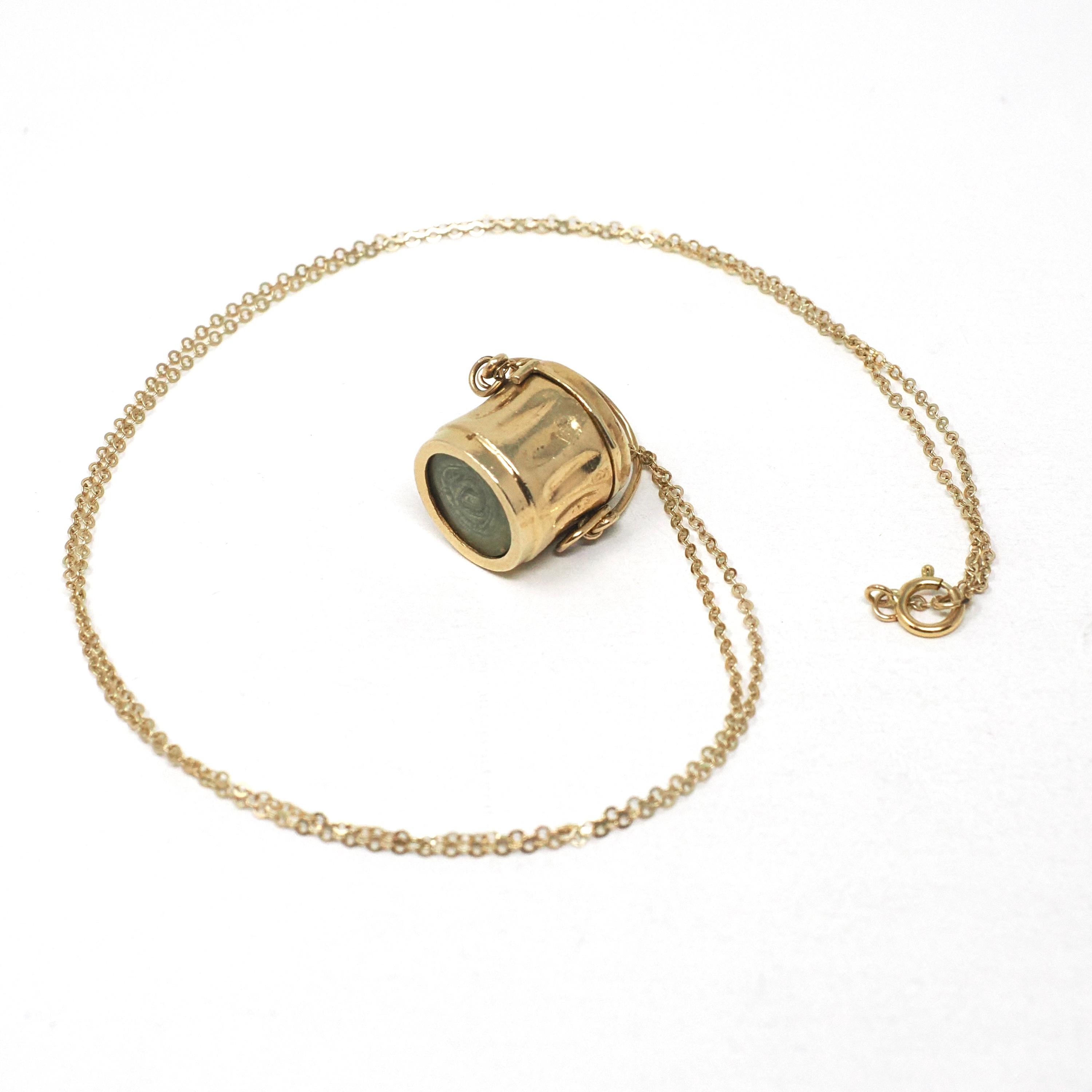 Mad Money Trash Can Charm - Mid Century 14k Yellow Gold Pendant Garbage Necklace - Vintage Circa 1950s Era Real Dollar Bill Fine Jewelry
