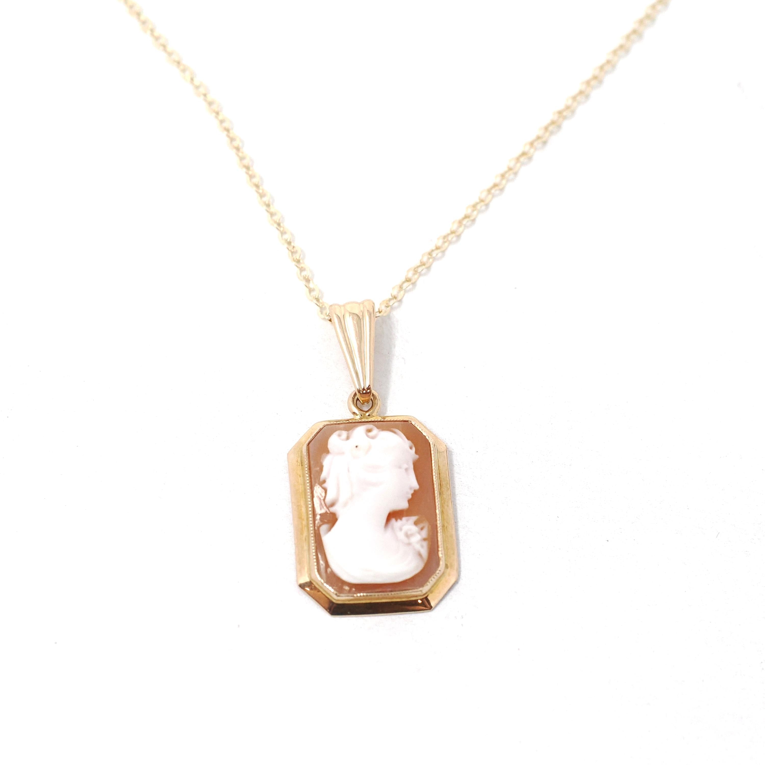 Vintage Cameo Necklace - Mid Century 10k Yellow Gold Rectangular Carved Shell Woman's Profile Pendant - Circa 1940s Statement Fine Jewelry