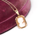 Vintage Cameo Necklace - Mid Century 10k Yellow Gold Rectangular Carved Shell Woman's Profile Pendant - Circa 1940s Statement Fine Jewelry