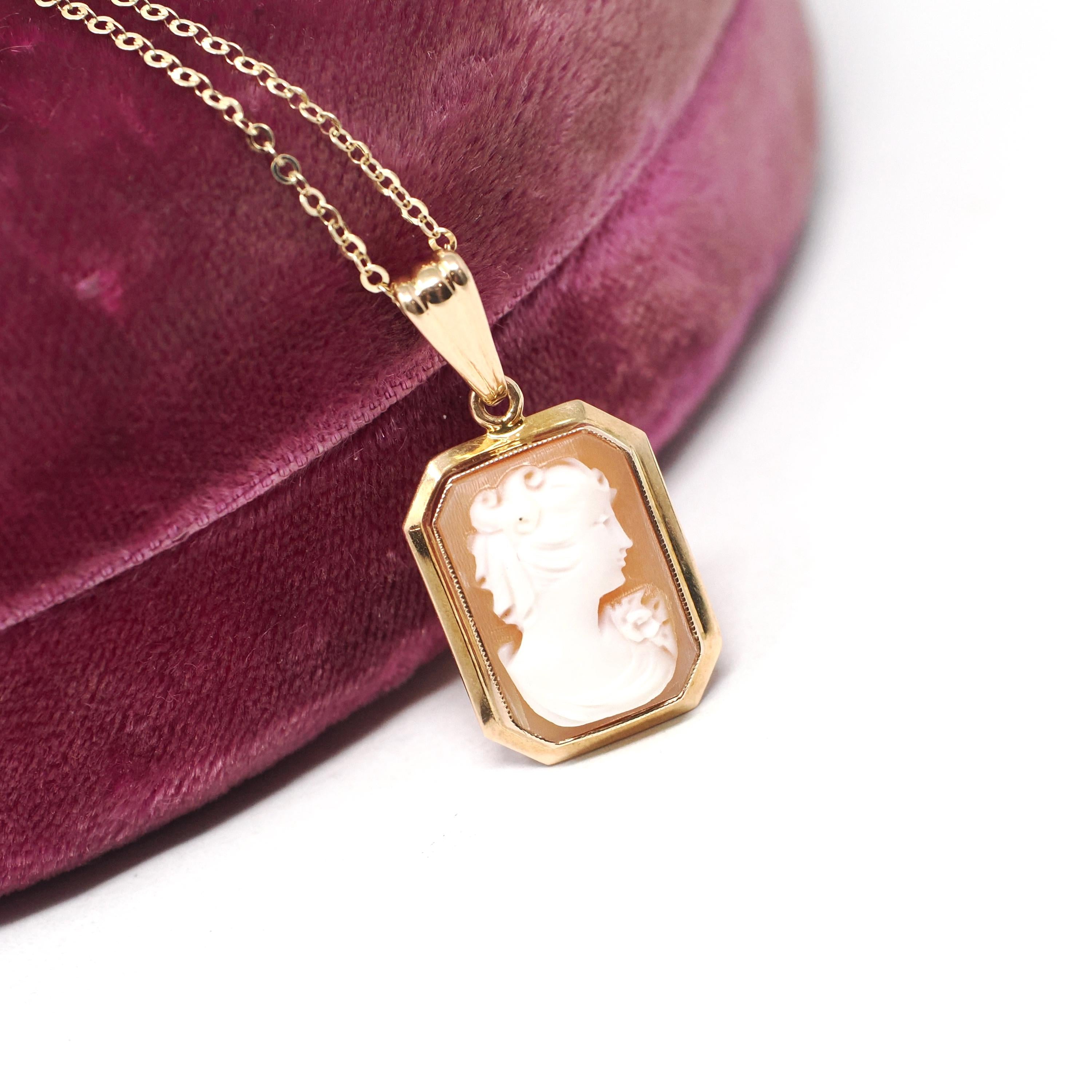 Vintage Cameo Necklace - Mid Century 10k Yellow Gold Rectangular Carved Shell Woman's Profile Pendant - Circa 1940s Statement Fine Jewelry
