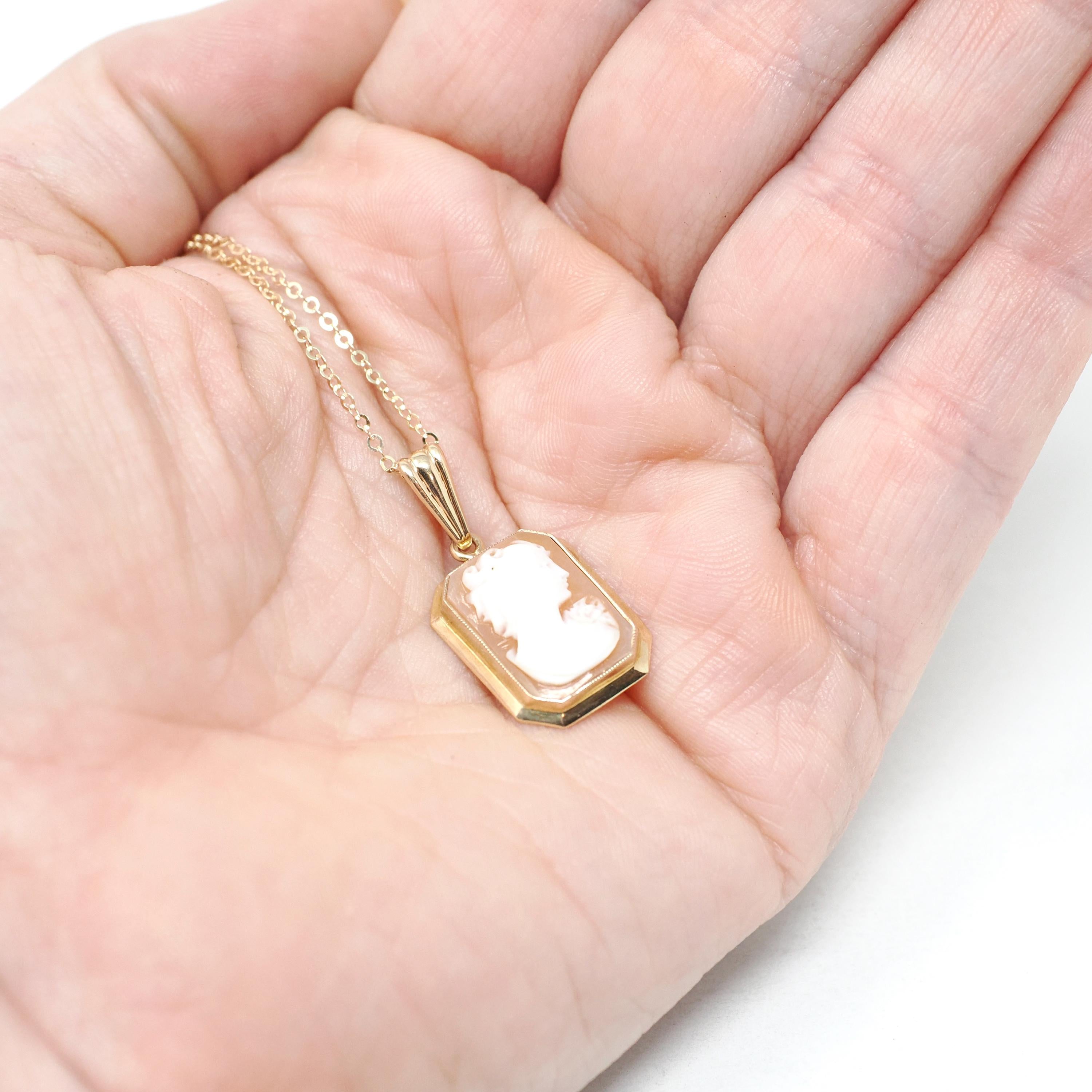 Vintage Cameo Necklace - Mid Century 10k Yellow Gold Rectangular Carved Shell Woman's Profile Pendant - Circa 1940s Statement Fine Jewelry