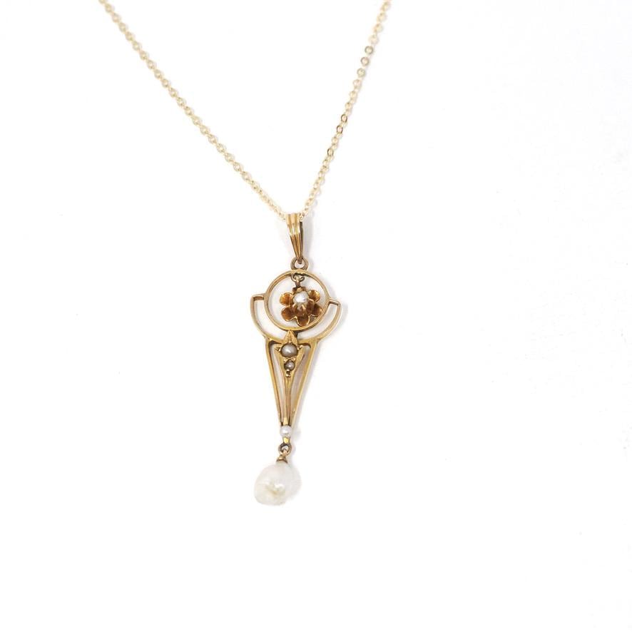 Antique Pearl Lavalier - Edwardian 10k Yellow Gold Natural Gemstone Baroque Seed Pearl Pendant Necklace - Circa 1910s Era Charm Fine Jewelry
