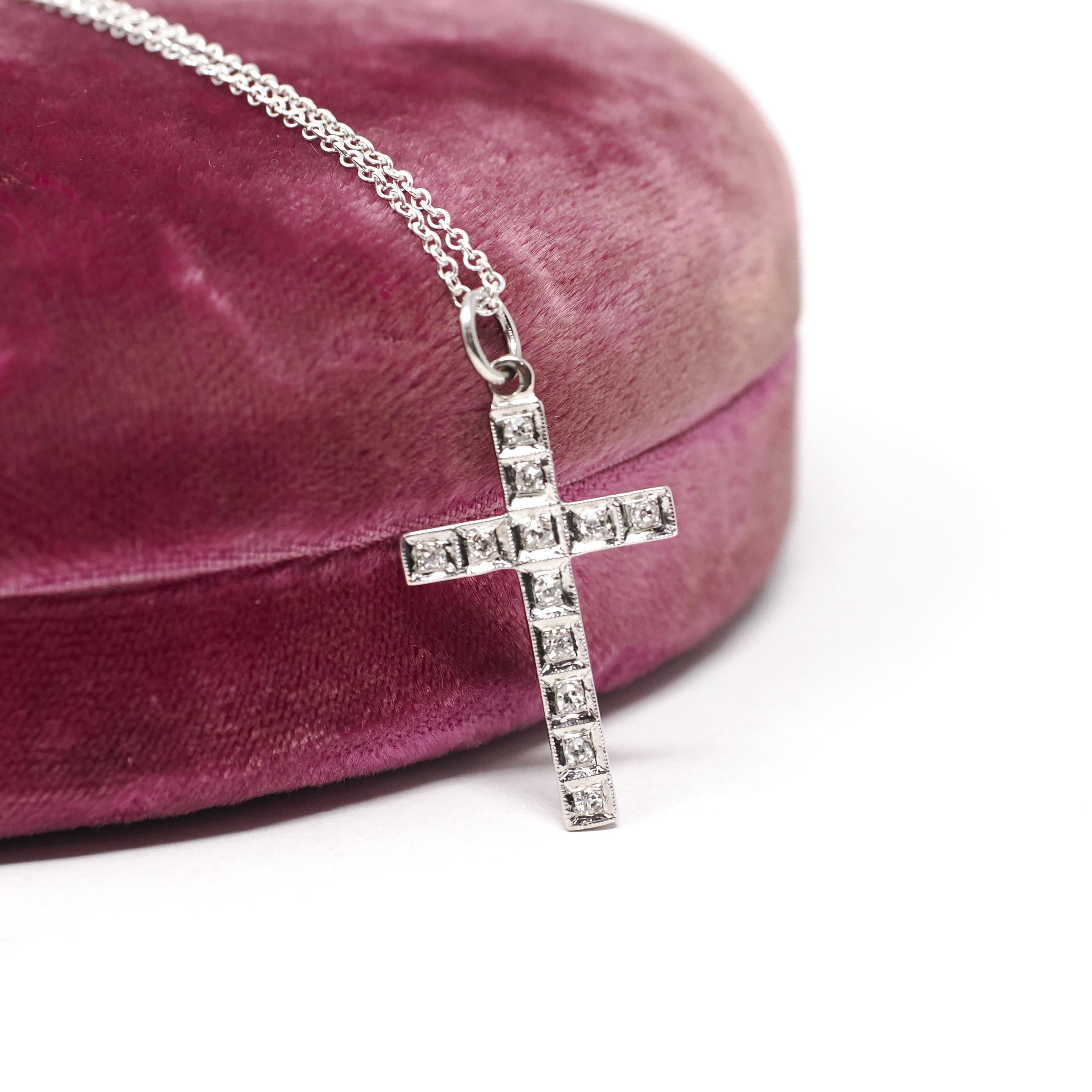 Vintage Diamond Cross Necklace - Mid Century Era 14k White Gold Natural Gems Pendant Charm - Circa 1940s Era Religious Faith Fine Jewelry