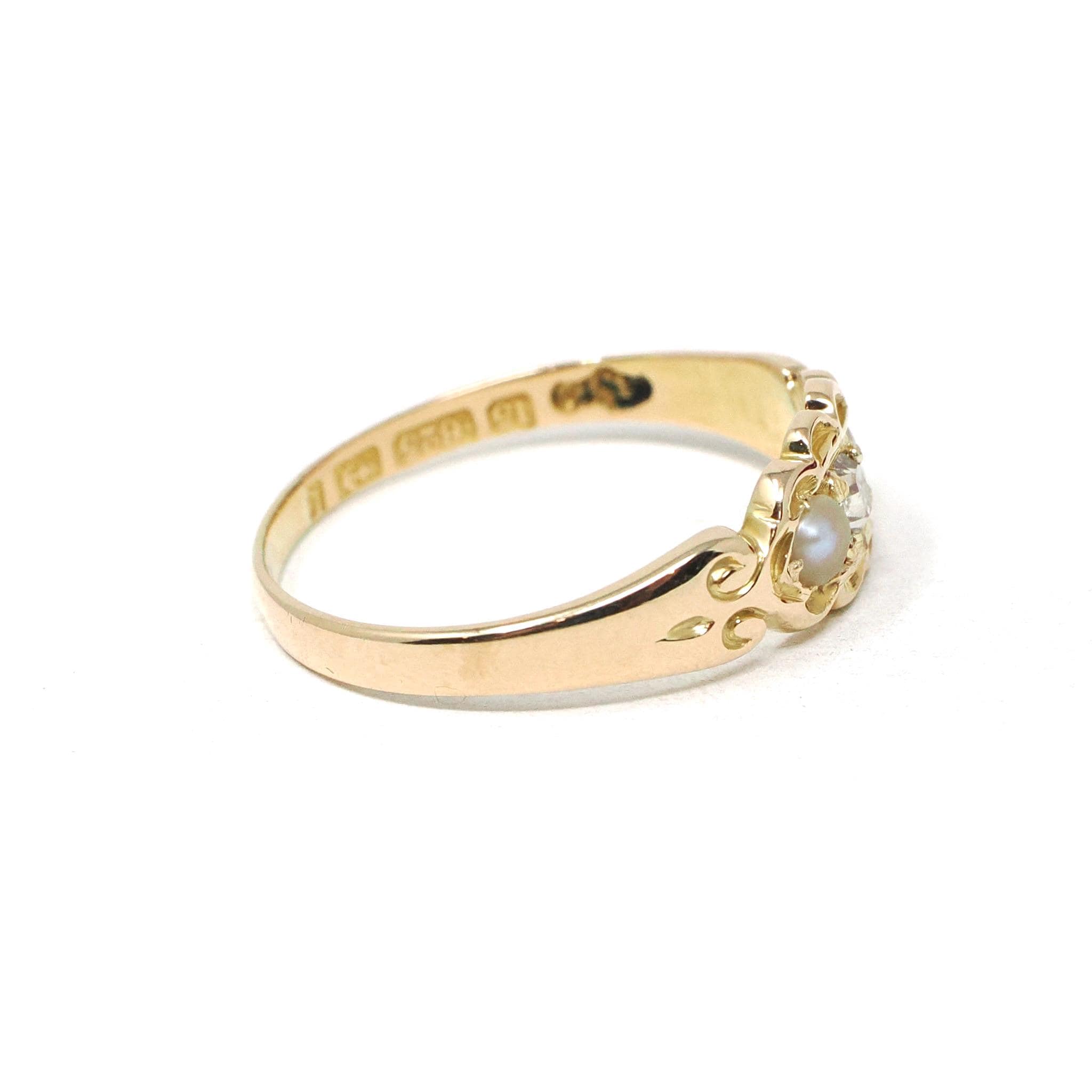 Diamond & Pearl Ring - Art Deco 15k Yellow Gold .09 CT Old Mine Cut - Hallmarked 1935 Birmingham England Size 6 3/4 Fine Statement Jewelry