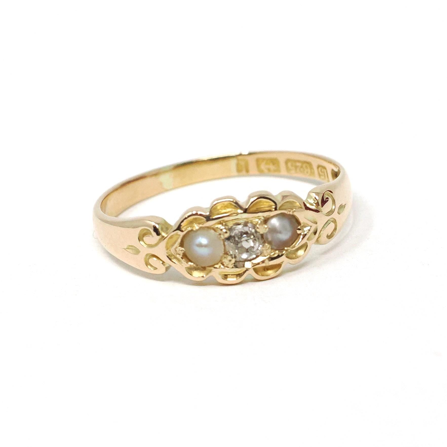 Diamond & Pearl Ring - Art Deco 15k Yellow Gold .09 CT Old Mine Cut - Hallmarked 1935 Birmingham England Size 6 3/4 Fine Statement Jewelry