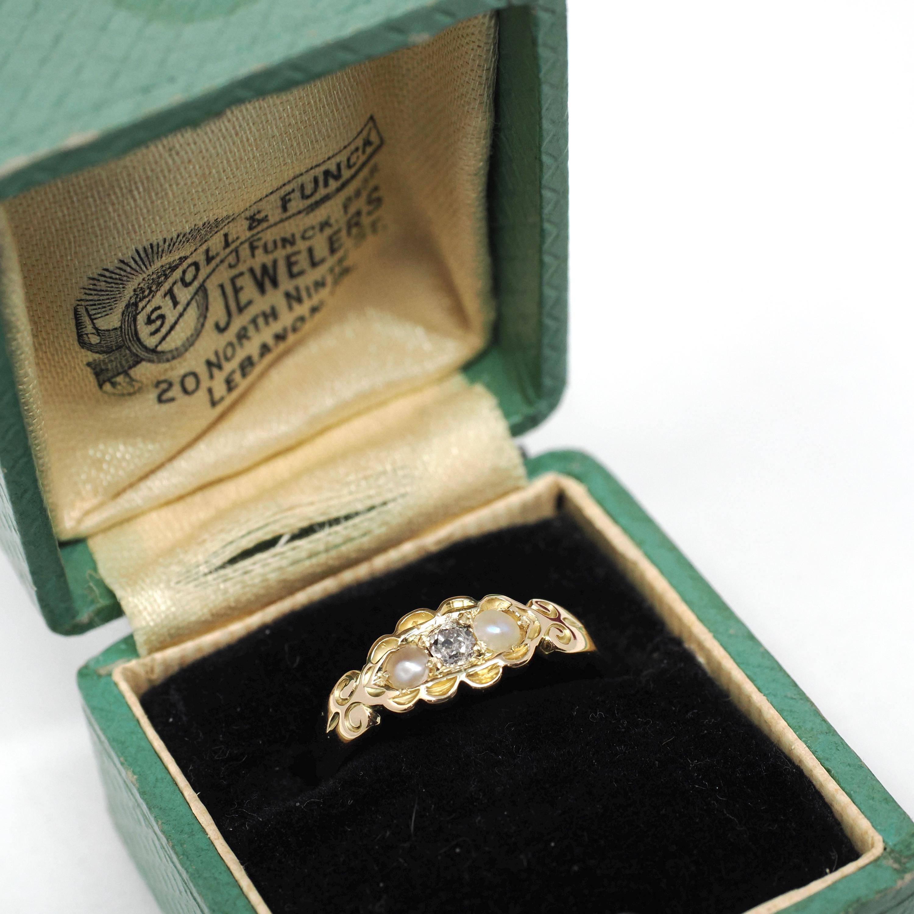 Diamond & Pearl Ring - Art Deco 15k Yellow Gold .09 CT Old Mine Cut - Hallmarked 1935 Birmingham England Size 6 3/4 Fine Statement Jewelry
