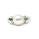 Pearl & Emerald Ring - Estate 14k White Gold Cultured Organic Gemstone Natural Green Accents - Modern Era Size 5 3/4 Fine Statement Jewelry