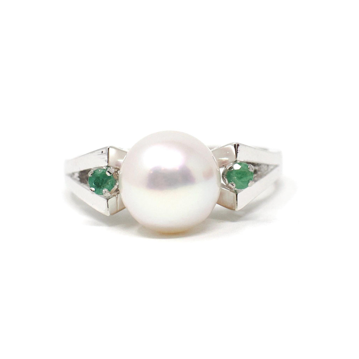 Pearl & Emerald Ring - Estate 14k White Gold Cultured Organic Gemstone Natural Green Accents - Modern Era Size 5 3/4 Fine Statement Jewelry