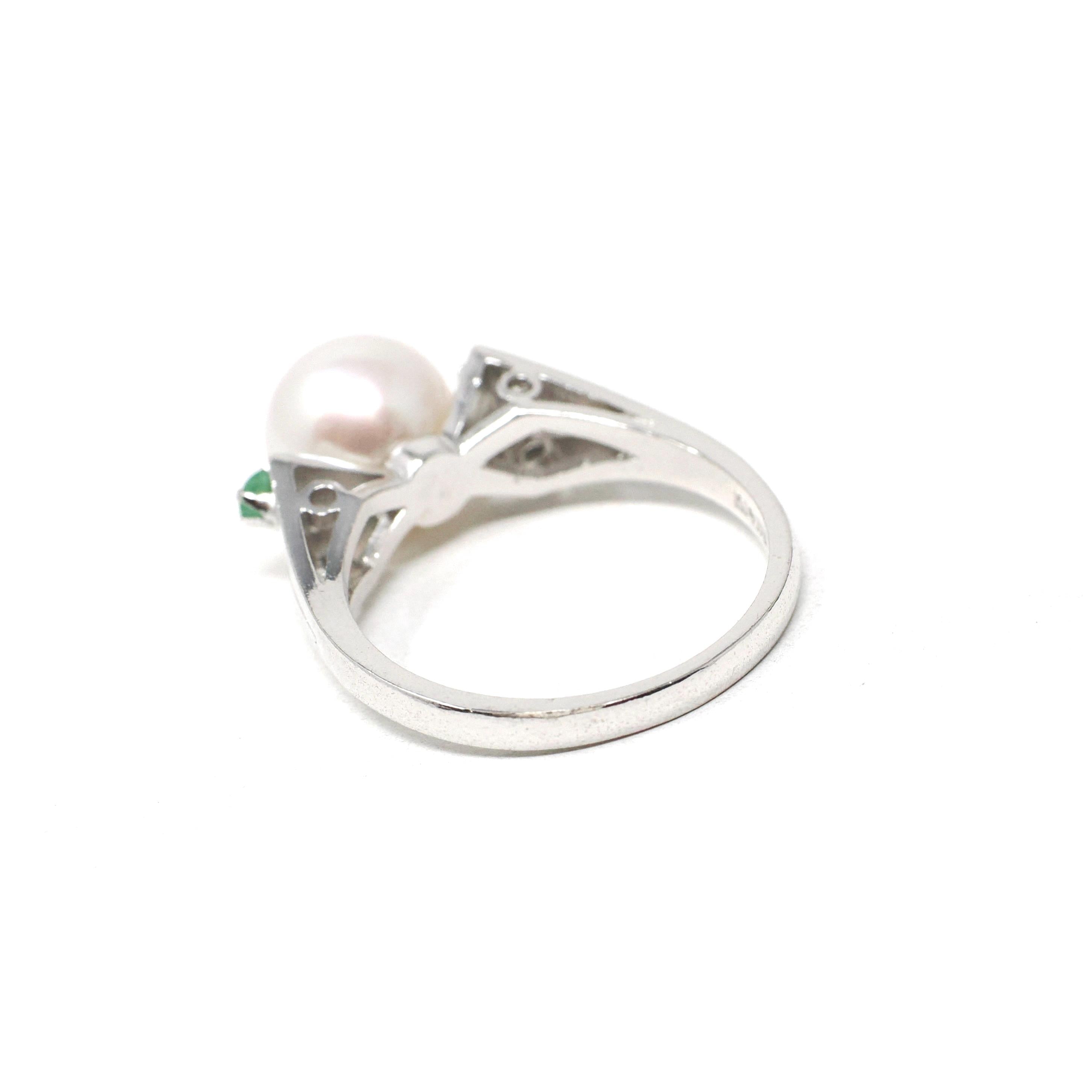 Pearl & Emerald Ring - Estate 14k White Gold Cultured Organic Gemstone Natural Green Accents - Modern Era Size 5 3/4 Fine Statement Jewelry