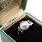 Pearl & Emerald Ring - Estate 14k White Gold Cultured Organic Gemstone Natural Green Accents - Modern Era Size 5 3/4 Fine Statement Jewelry