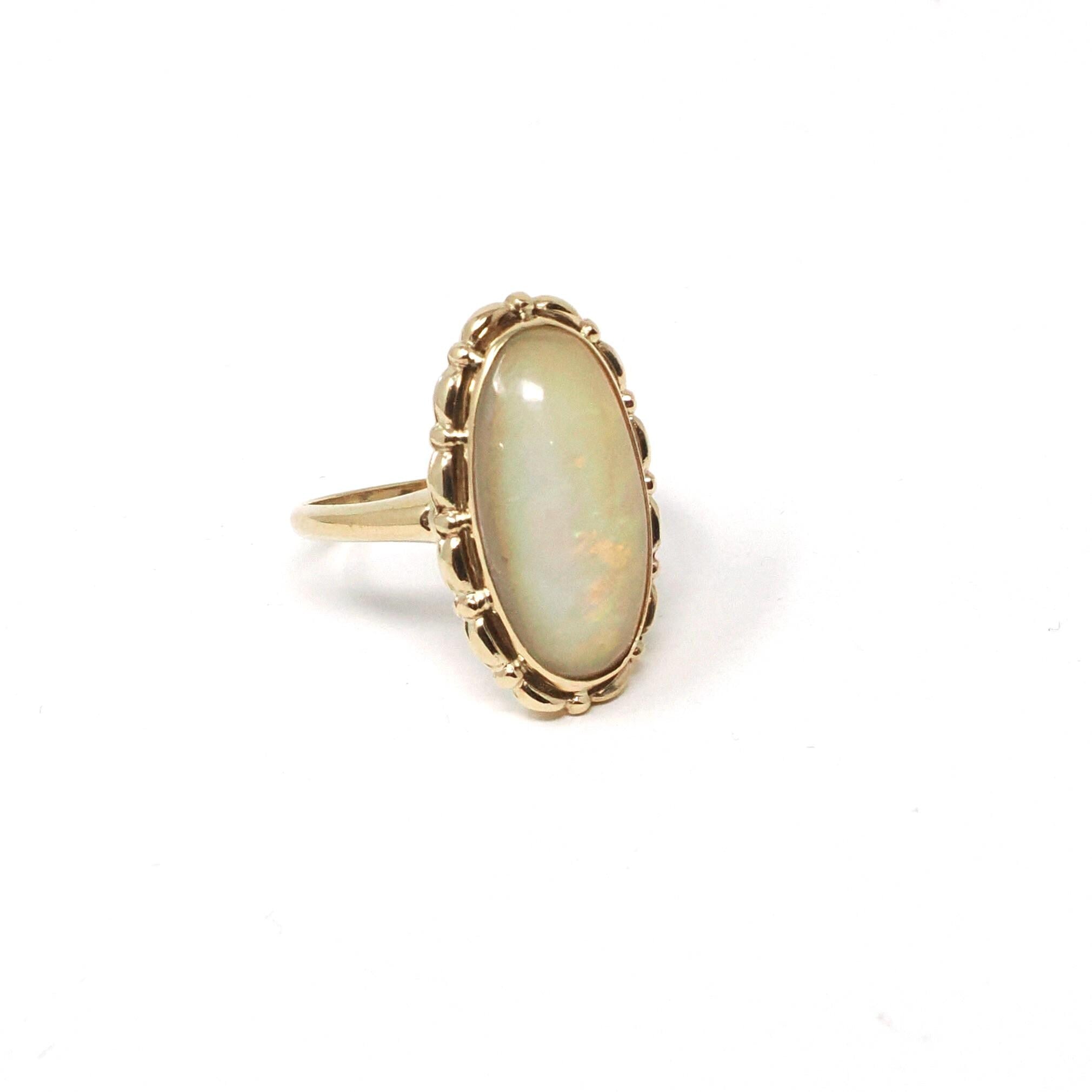 Opal Doublet Ring - Retro 14k Yellow Gold Oval Cabochon Gemstone - Vintage Circa 1960s Era Size 7 Fine Statement October Birthstone Jewelry