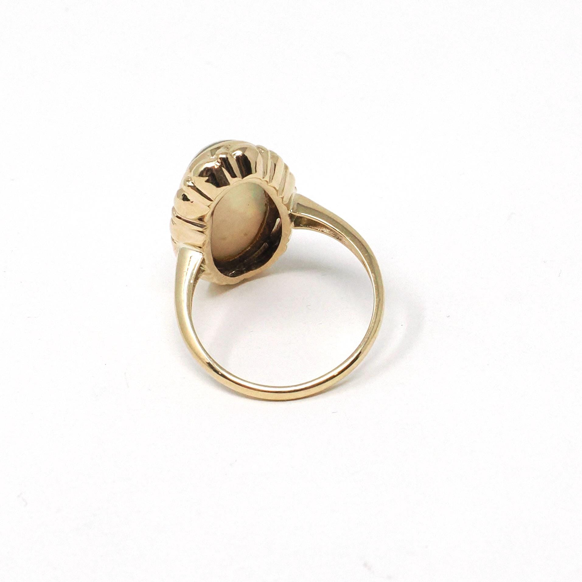 Opal Doublet Ring - Retro 14k Yellow Gold Oval Cabochon Gemstone - Vintage Circa 1960s Era Size 7 Fine Statement October Birthstone Jewelry