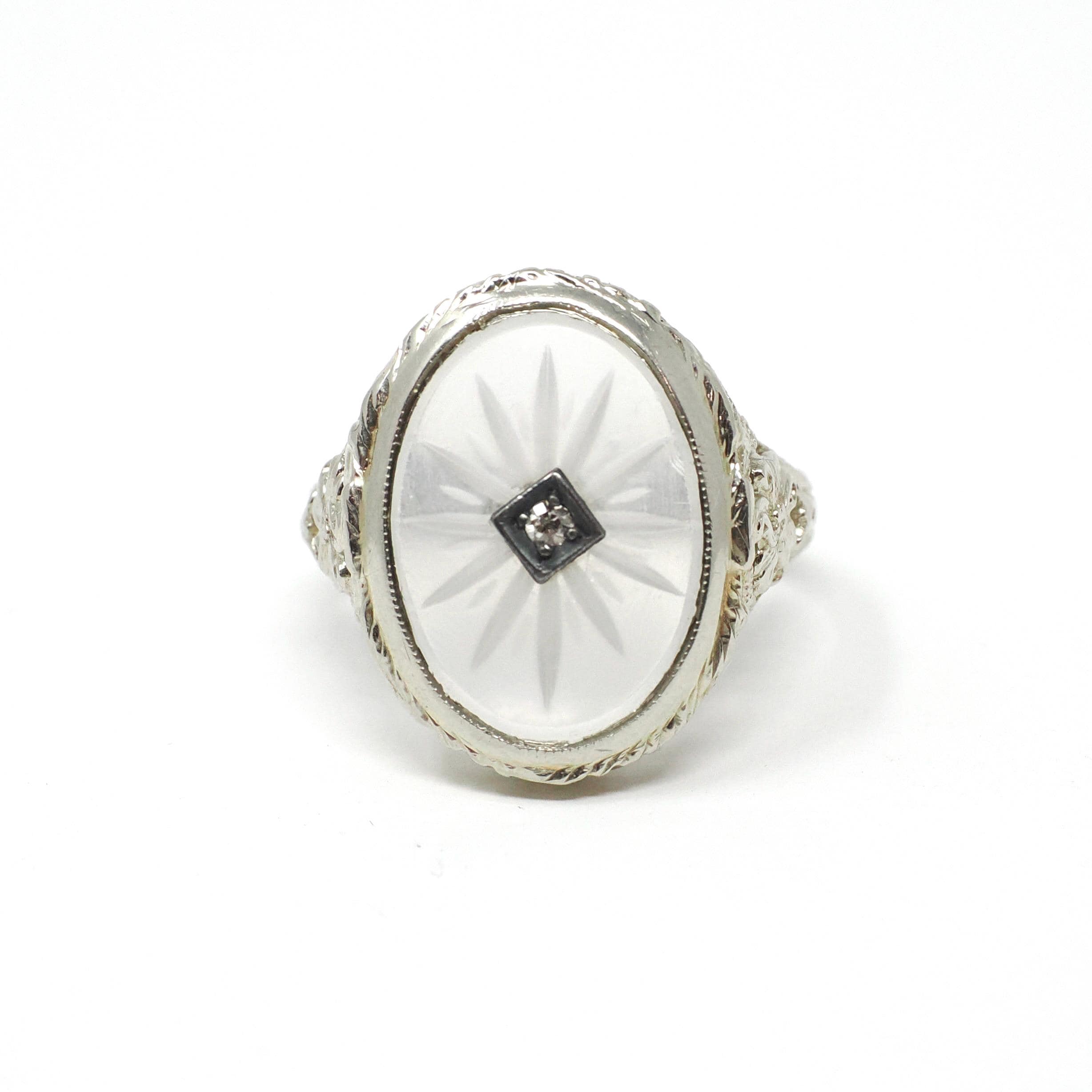 Rock Crystal Quartz Ring - Vintage 14k White Gold Oval Natural Diamond Statement - Vintage 1930s Size 6 1/4 Camphor Glass Style Fine Jewelry