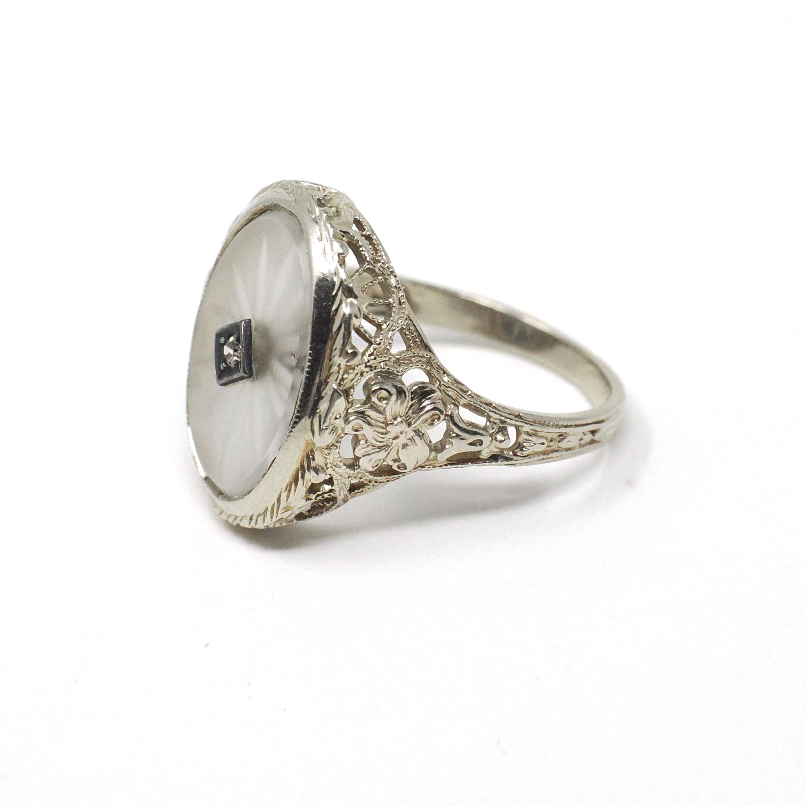 Rock Crystal Quartz Ring - Vintage 14k White Gold Oval Natural Diamond Statement - Vintage 1930s Size 6 1/4 Camphor Glass Style Fine Jewelry