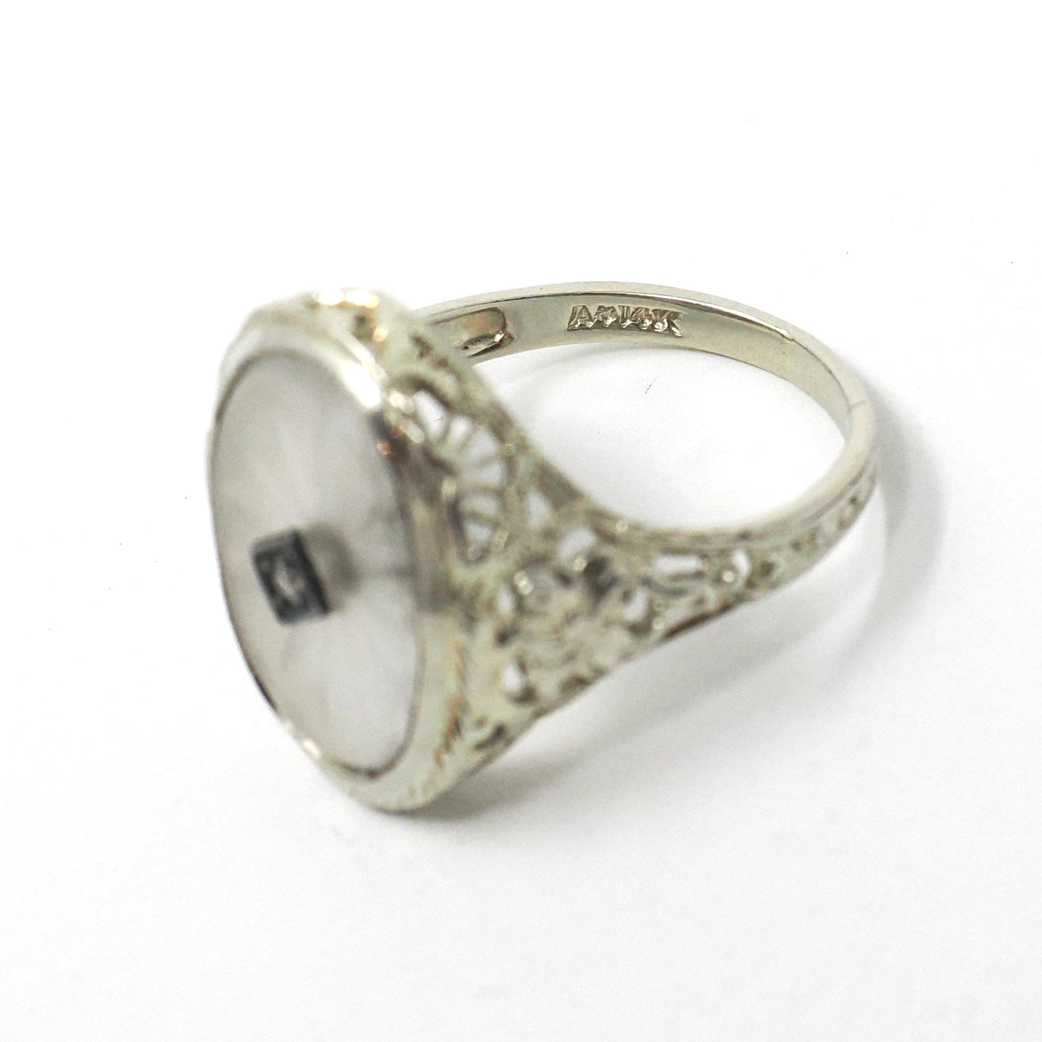 Rock Crystal Quartz Ring - Vintage 14k White Gold Oval Natural Diamond Statement - Vintage 1930s Size 6 1/4 Camphor Glass Style Fine Jewelry