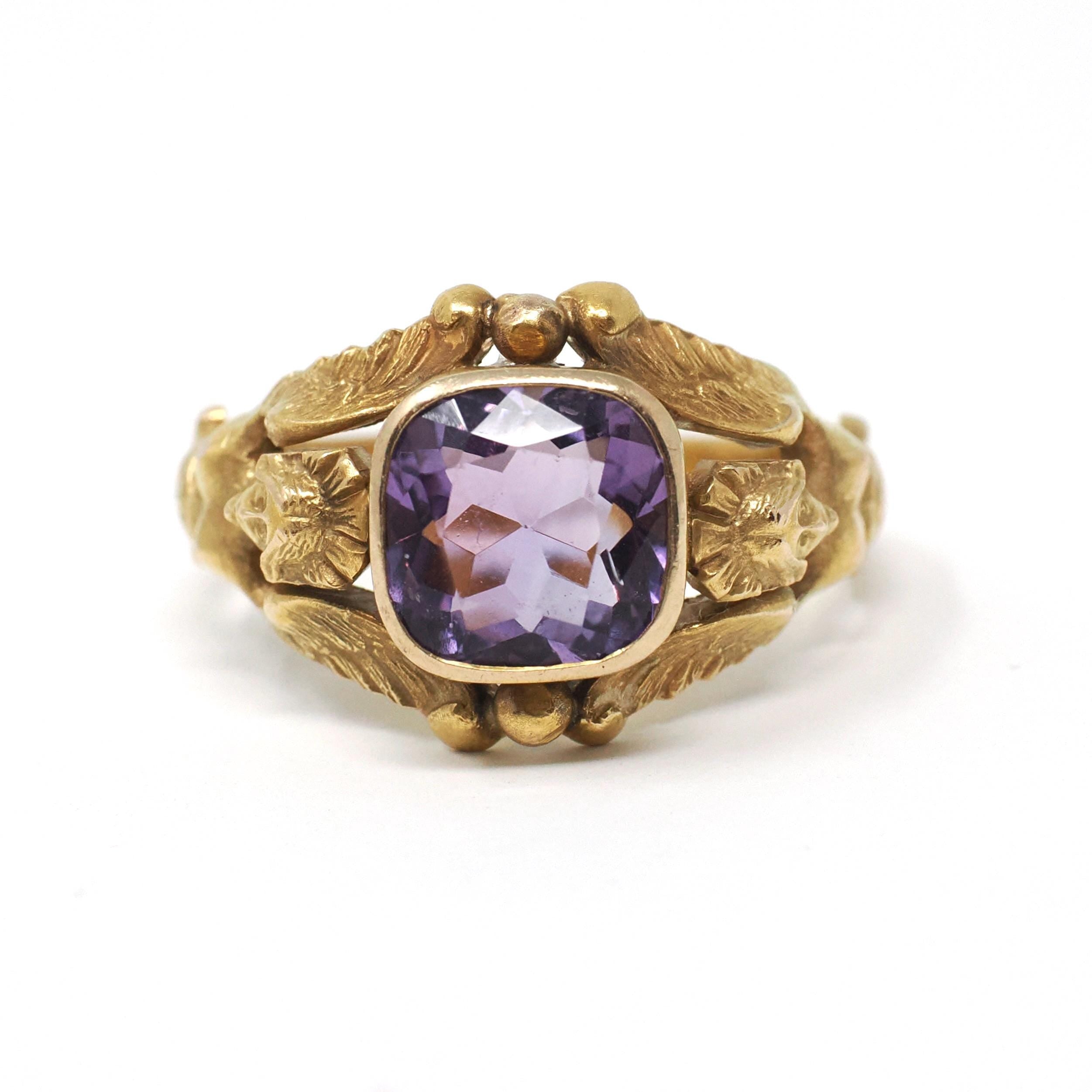 Art Nouveau Amethyst Ring - Edwardian 10k Yellow Gold Natural Purple Gem - Antique Early 1900s Angel Wings Woman Size 10 1/2 Fine Jewelry