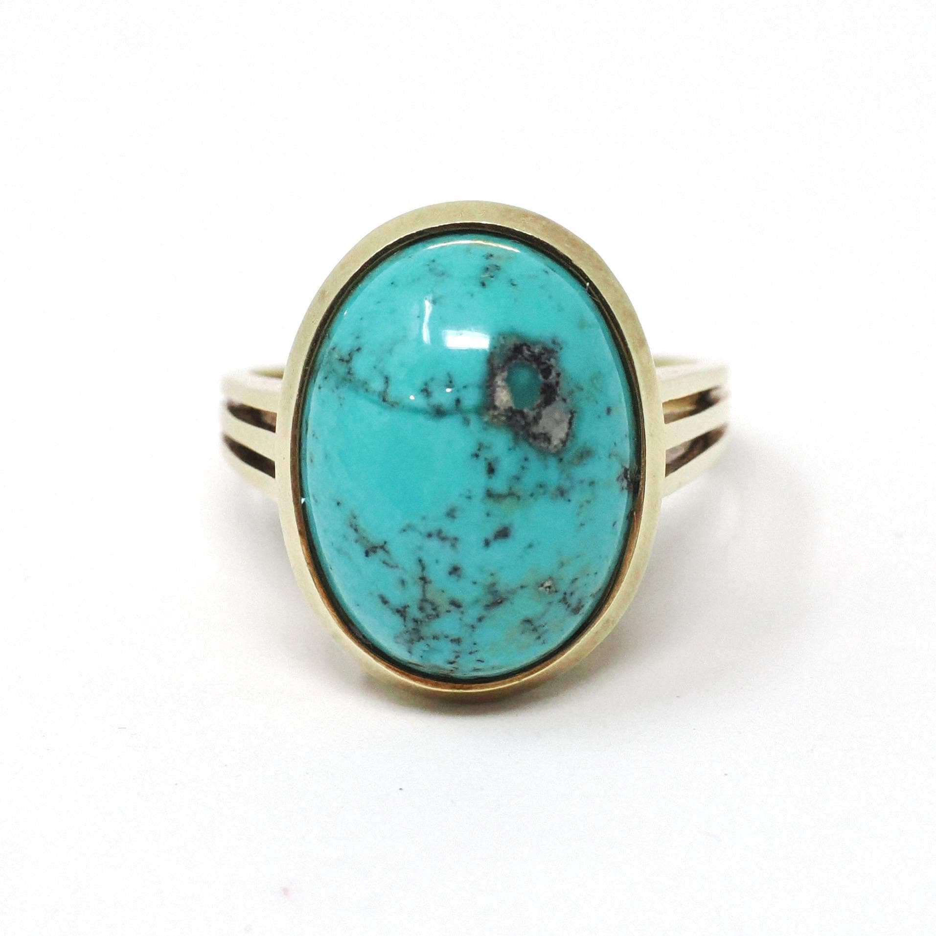 Vintage Turquoise Ring - Mid Century 14k Yellow Gold Oval Cabochon Cut Blue Gemstone - Circa 1960s Era Size 6 3/4 Unisex Statement Jewelry