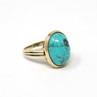 Vintage Turquoise Ring - Mid Century 14k Yellow Gold Oval Cabochon Cut Blue Gemstone - Circa 1960s Era Size 6 3/4 Unisex Statement Jewelry