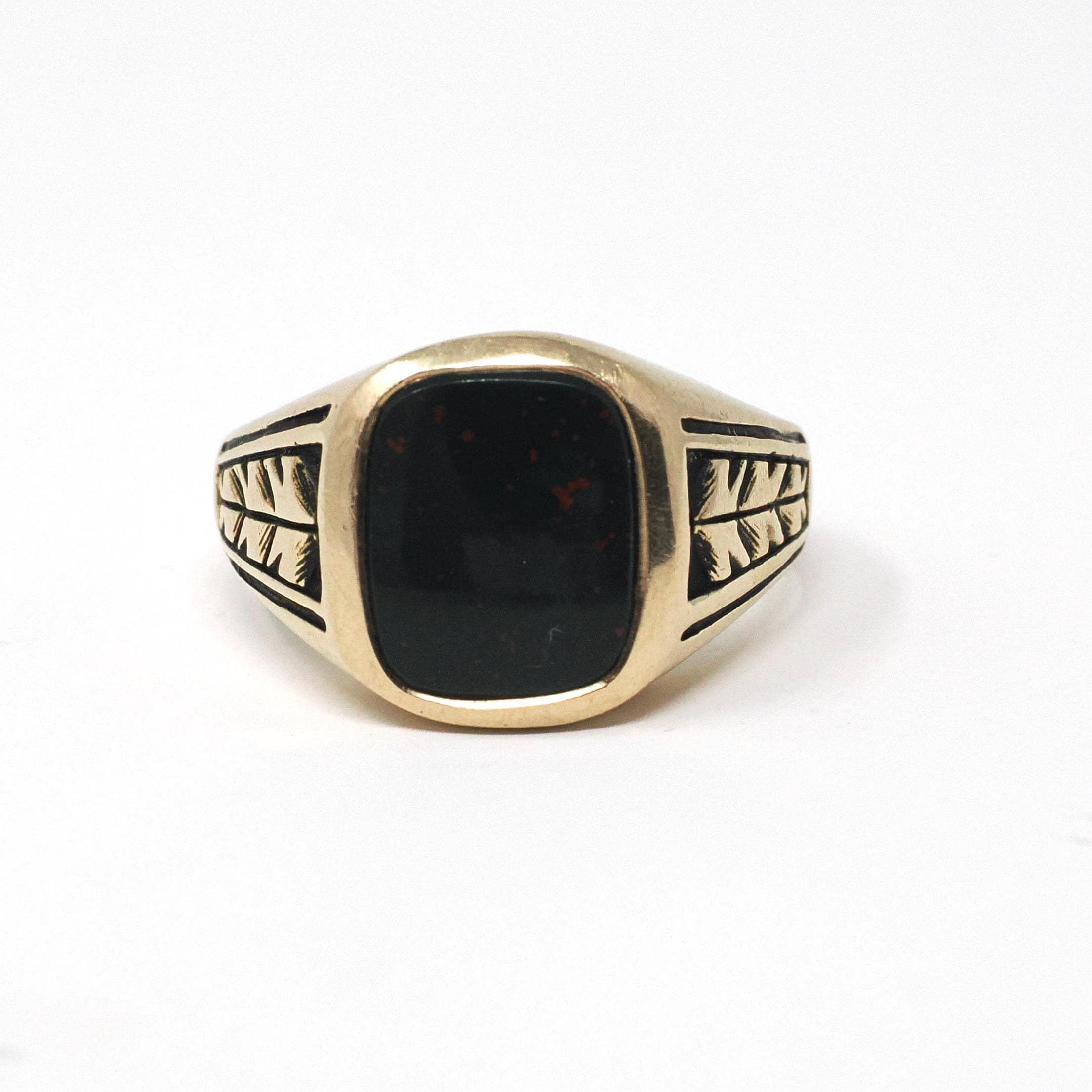 Vintage Bloodstone Ring - Art Deco 10k Yellow Gold Dark Green Red Gemstone Men's Unisex Statement - Vintage 1920s Size 9 3/4 Fine Jewelry