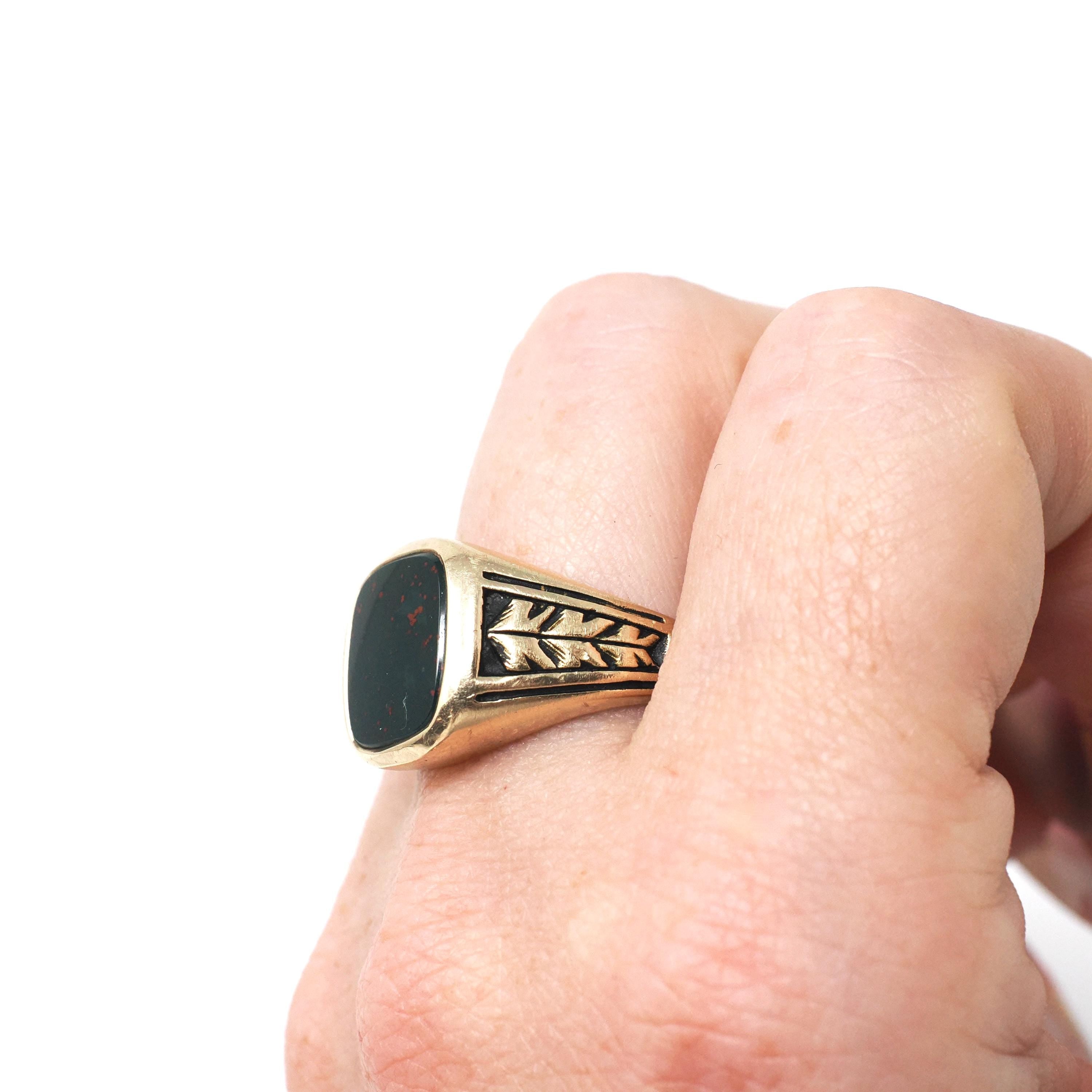 Vintage Bloodstone Ring - Art Deco 10k Yellow Gold Dark Green Red Gemstone Men's Unisex Statement - Vintage 1920s Size 9 3/4 Fine Jewelry