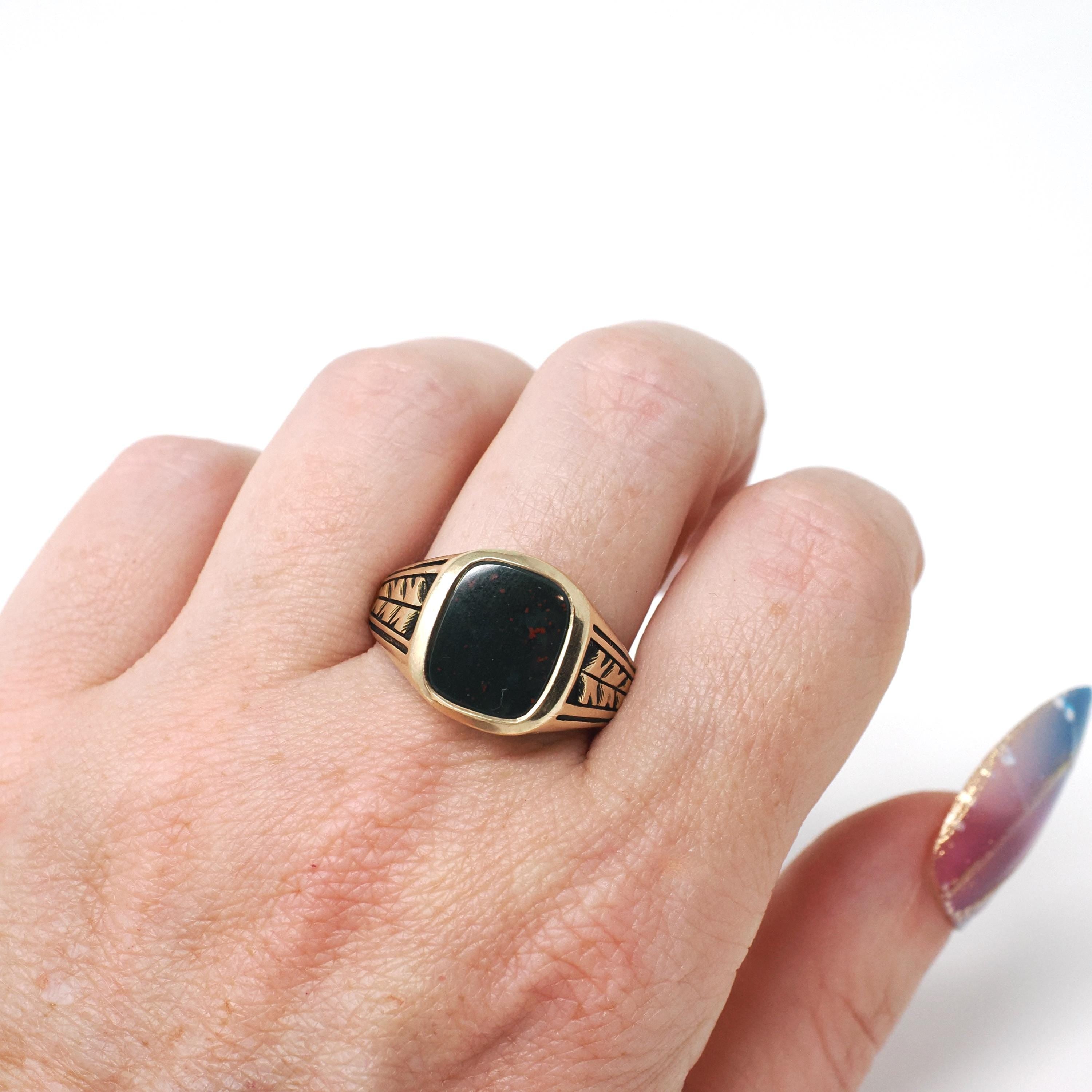 Vintage Bloodstone Ring - Art Deco 10k Yellow Gold Dark Green Red Gemstone Men's Unisex Statement - Vintage 1920s Size 9 3/4 Fine Jewelry
