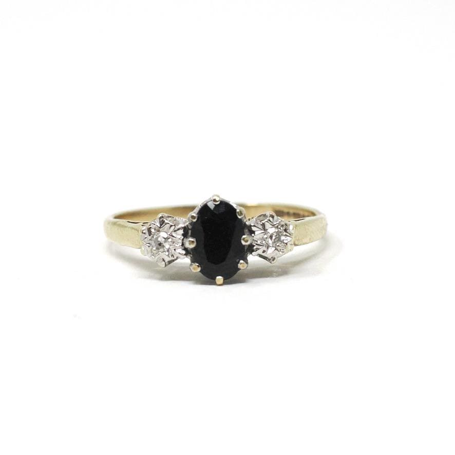 Estate Sapphire Ring - Modern 9k Two Tone Gold Blue Gemstone & Diamond Accents - Hallmarked 1994 Size 5 1/2 Fine Statement Jewelry